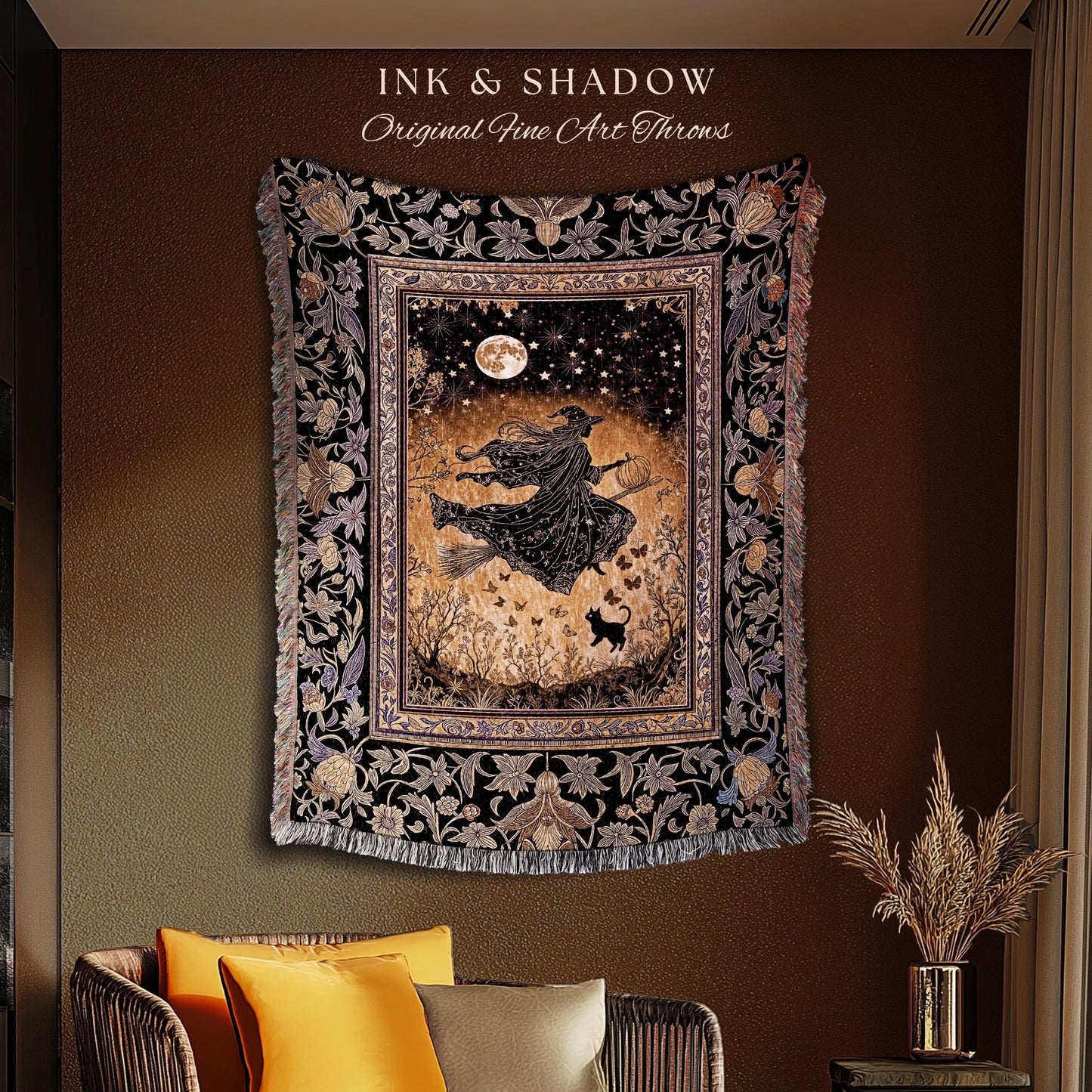Golden Witch Autumn Throw Blanket | Moonlit Gothic Halloween Magic Decor Folklore Style Whimsigoth Night Sky Enchanted Woven Wall Tapestry