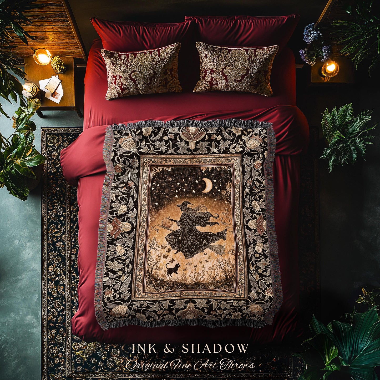 Amber Witch Gothic Folklore Blanket | Celestial Black Cat Halloween Decor Maximalist Woven Wall Tapestry Folklore Aesthetic Cottagecore |