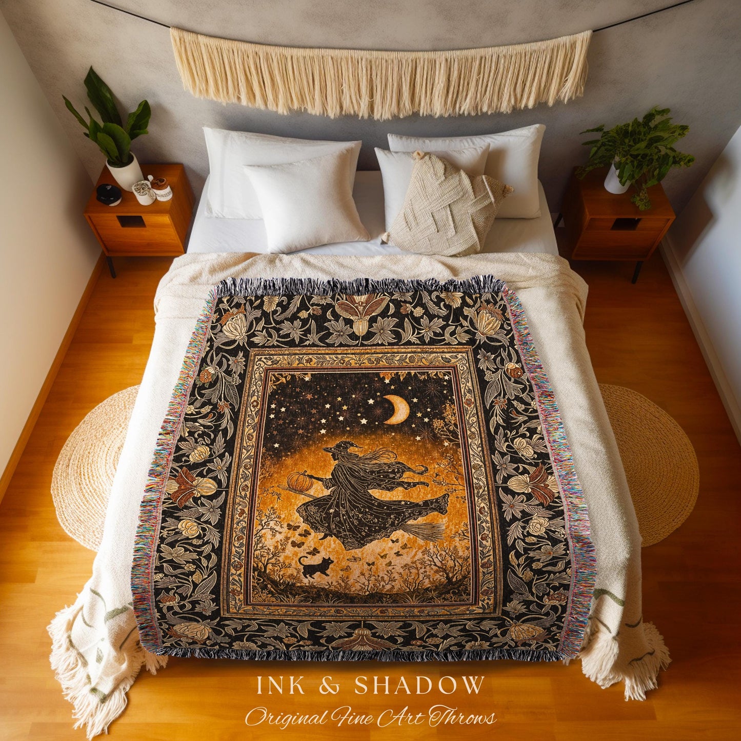 Amber Witch Gothic Folklore Blanket | Celestial Black Cat Halloween Decor Maximalist Woven Wall Tapestry Folklore Aesthetic Cottagecore |