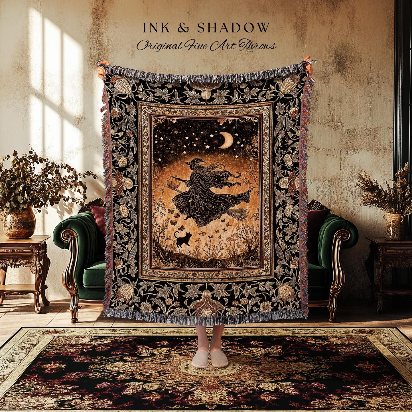Amber Witch Gothic Folklore Blanket | Celestial Black Cat Halloween Decor Maximalist Woven Wall Tapestry Folklore Aesthetic Cottagecore |
