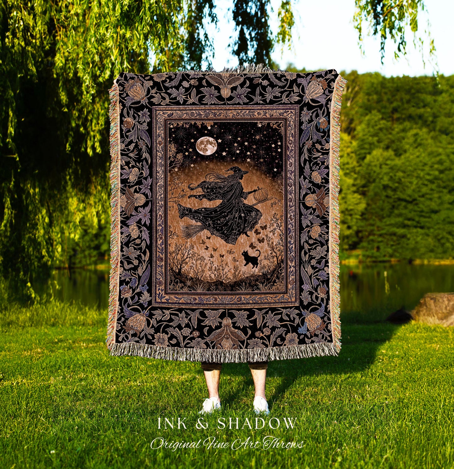 Golden Witch Autumn Throw Blanket | Moonlit Gothic Halloween Magic Decor Folklore Style Whimsigoth Night Sky Enchanted Woven Wall Tapestry