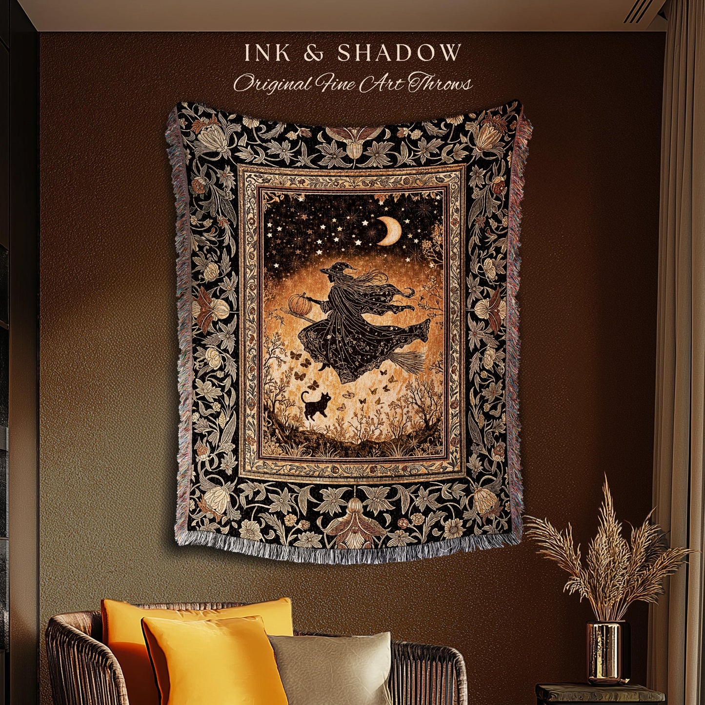 Amber Witch Gothic Folklore Blanket | Celestial Black Cat Halloween Decor Maximalist Woven Wall Tapestry Folklore Aesthetic Cottagecore |