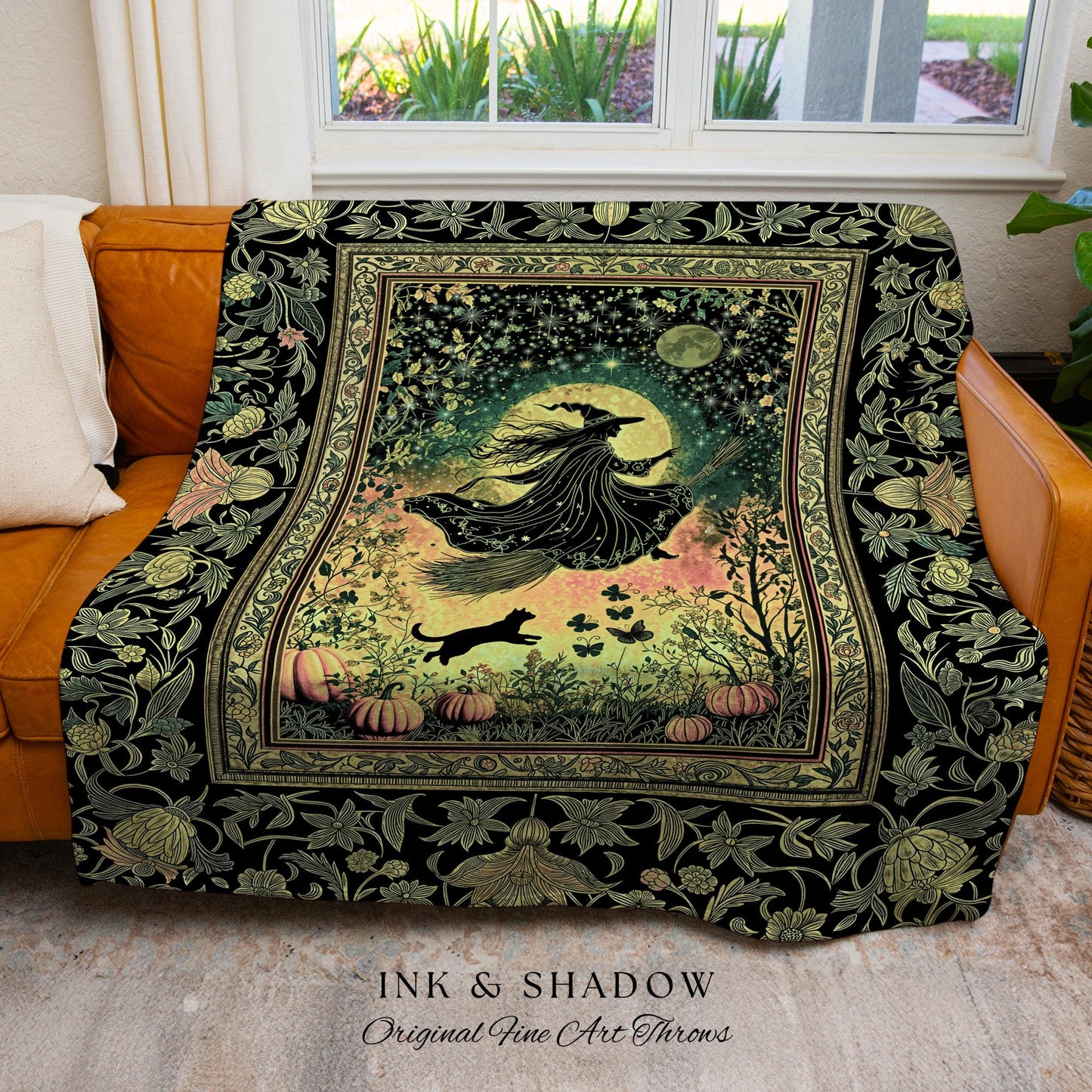 Emerald Sky Flying Witch Throw Blanket | Fall Pumpkin Field Woven Wall Tapestry Whimsigoth Aesthetic Celestial Folk Art Autumn Decor Magic