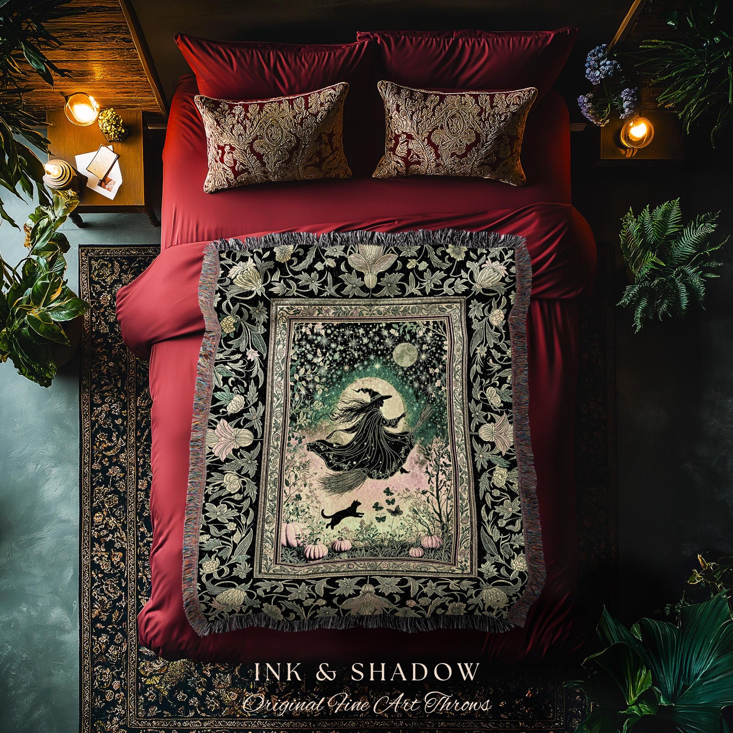 Emerald Sky Flying Witch Throw Blanket | Fall Pumpkin Field Woven Wall Tapestry Whimsigoth Aesthetic Celestial Folk Art Autumn Decor Magic
