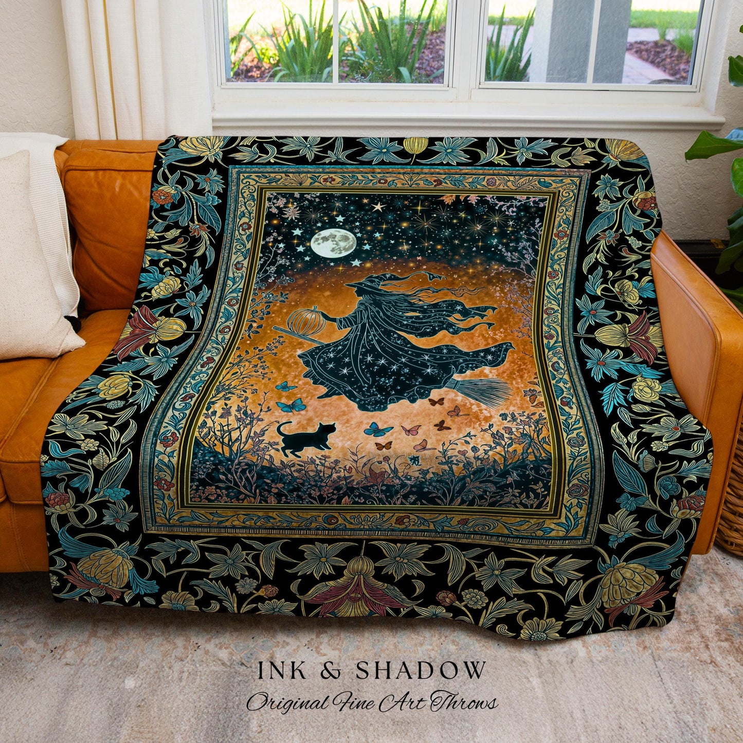 Autumn Aesthetic Witchy Tapestry Blanket | Fall Gothic Dark Cottagecore Decor Moonlight Magic Black Cat Whimsigoth Maximalist Halloween |