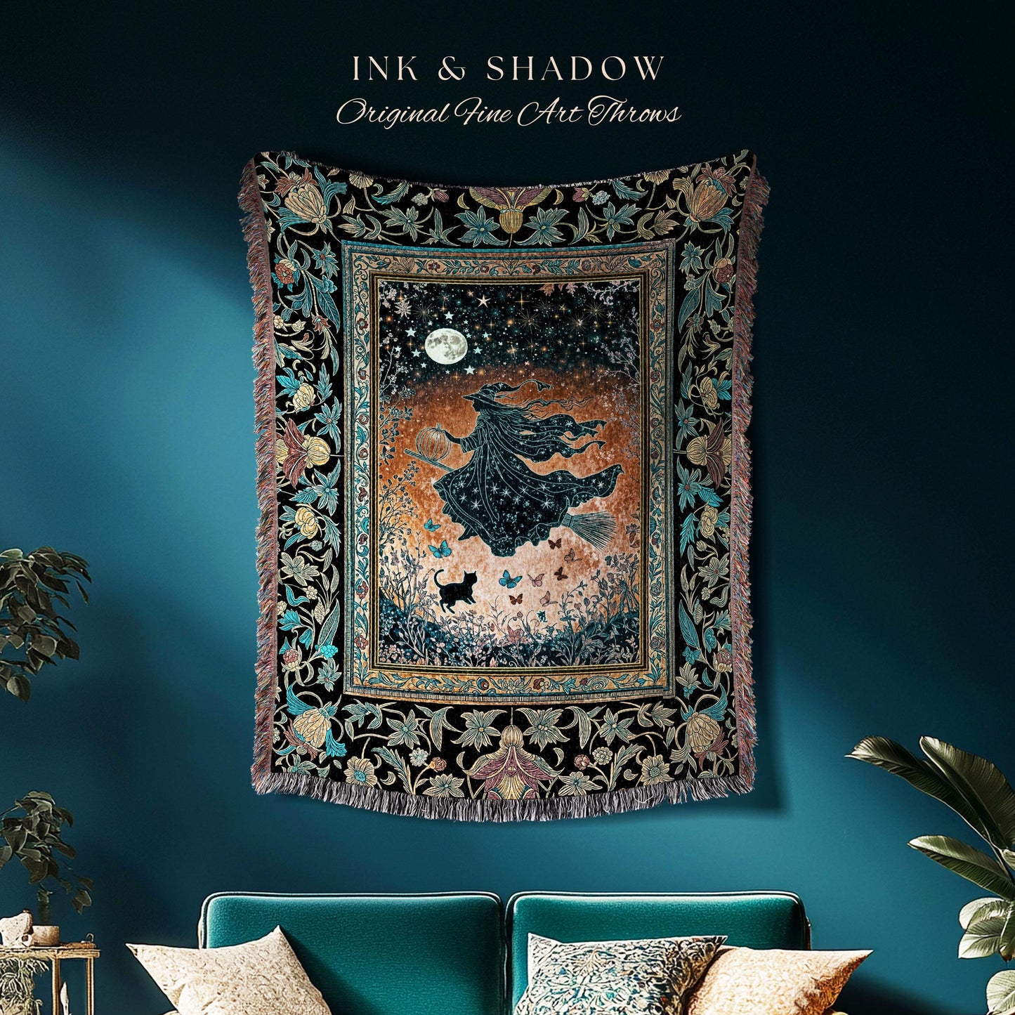 Autumn Aesthetic Witchy Tapestry Blanket | Fall Gothic Dark Cottagecore Decor Moonlight Magic Black Cat Whimsigoth Maximalist Halloween |