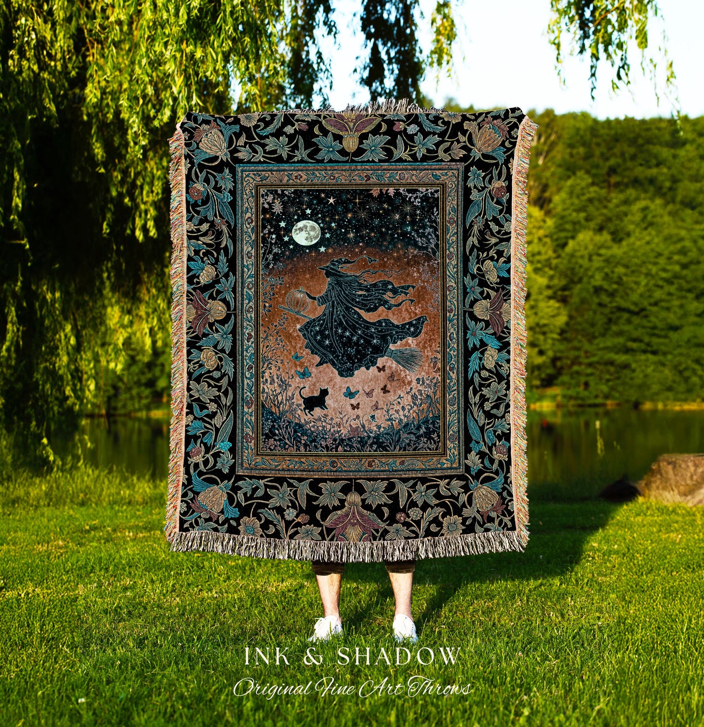 Autumn Aesthetic Witchy Tapestry Blanket | Fall Gothic Dark Cottagecore Decor Moonlight Magic Black Cat Whimsigoth Maximalist Halloween |