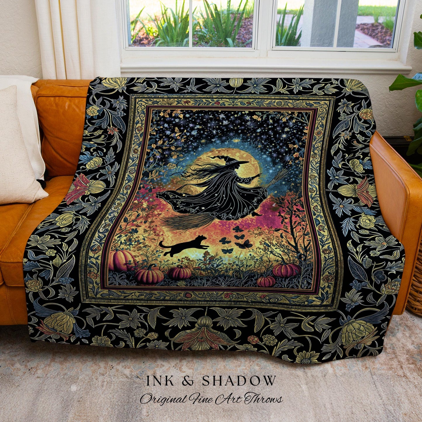 Starlit Storybook Witch Tapestry Blanket | Flying Broomstick Gothic Ethereal Aesthetic Broomstick Magic Celestial Whimsical Decor Enchanted