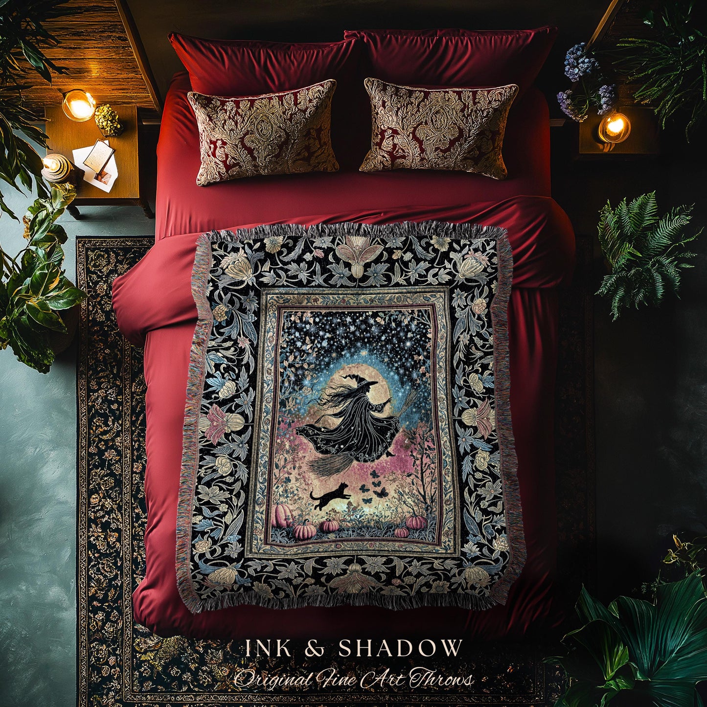 Starlit Storybook Witch Tapestry Blanket | Flying Broomstick Gothic Ethereal Aesthetic Broomstick Magic Celestial Whimsical Decor Enchanted