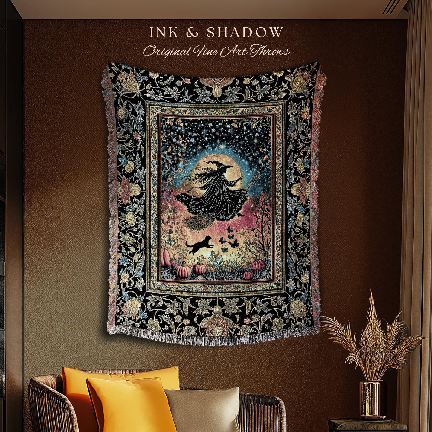 Starlit Storybook Witch Tapestry Blanket | Flying Broomstick Gothic Ethereal Aesthetic Broomstick Magic Celestial Whimsical Decor Enchanted