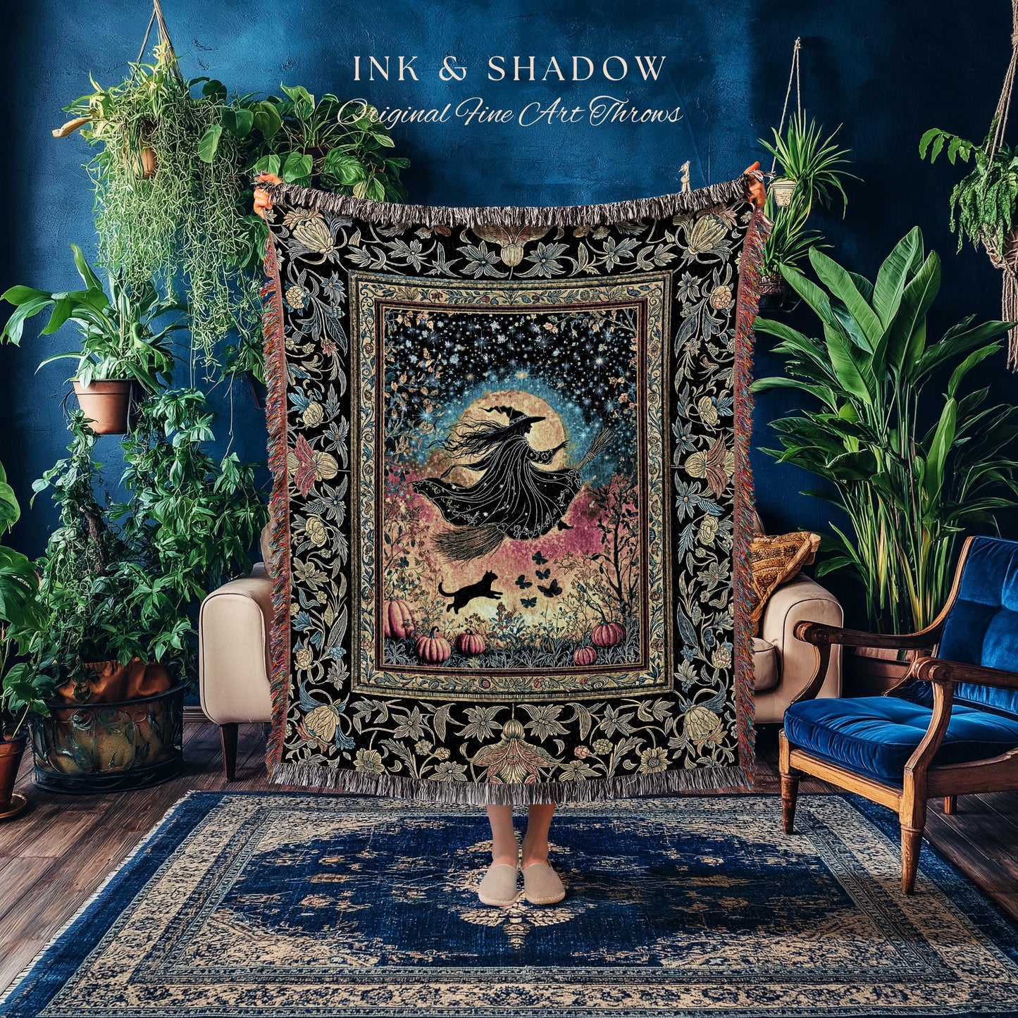 Starlit Storybook Witch Tapestry Blanket | Flying Broomstick Gothic Ethereal Aesthetic Broomstick Magic Celestial Whimsical Decor Enchanted