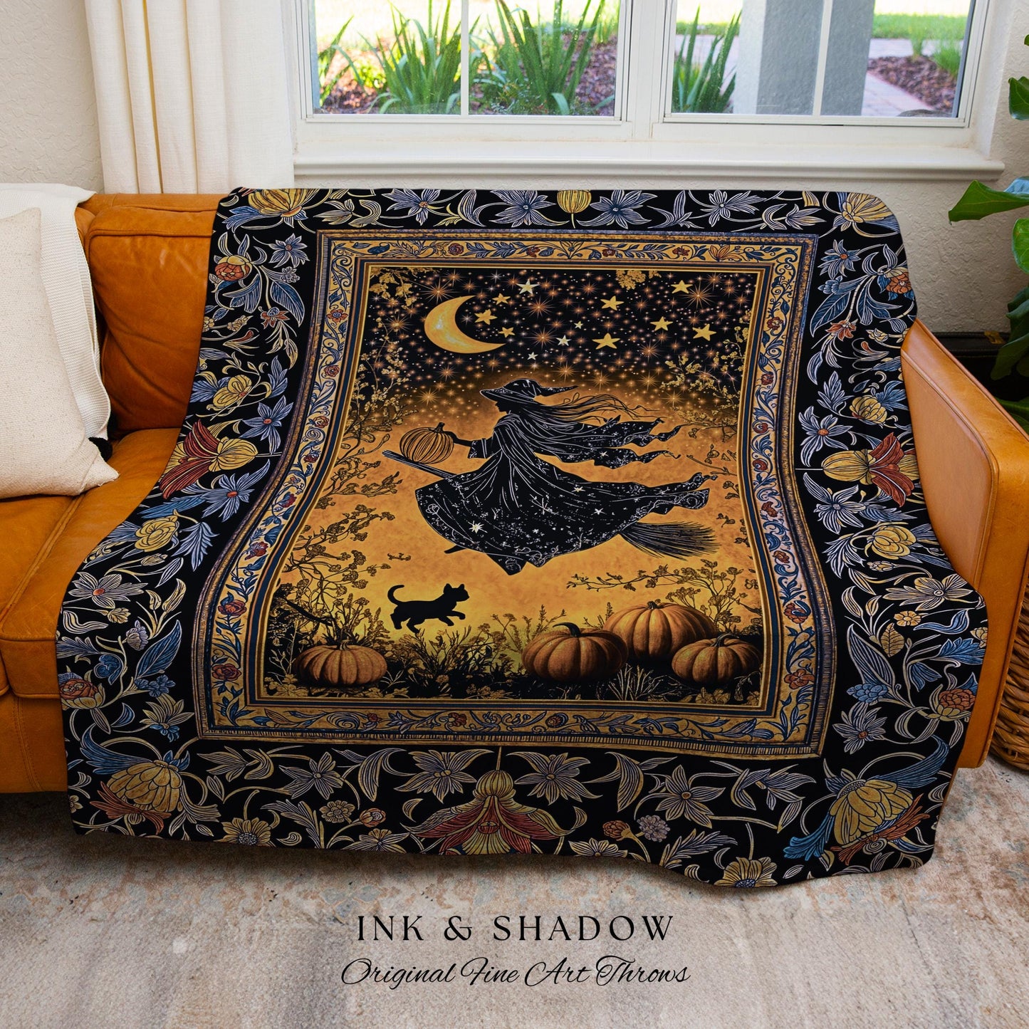 Autumn Golden Gothic Sky Tapestry | Celestial Black Cat Woven Throw Blanket Whimsigoth Decor Mystic Aesthetic Pumpkin Enchanted Magic Style