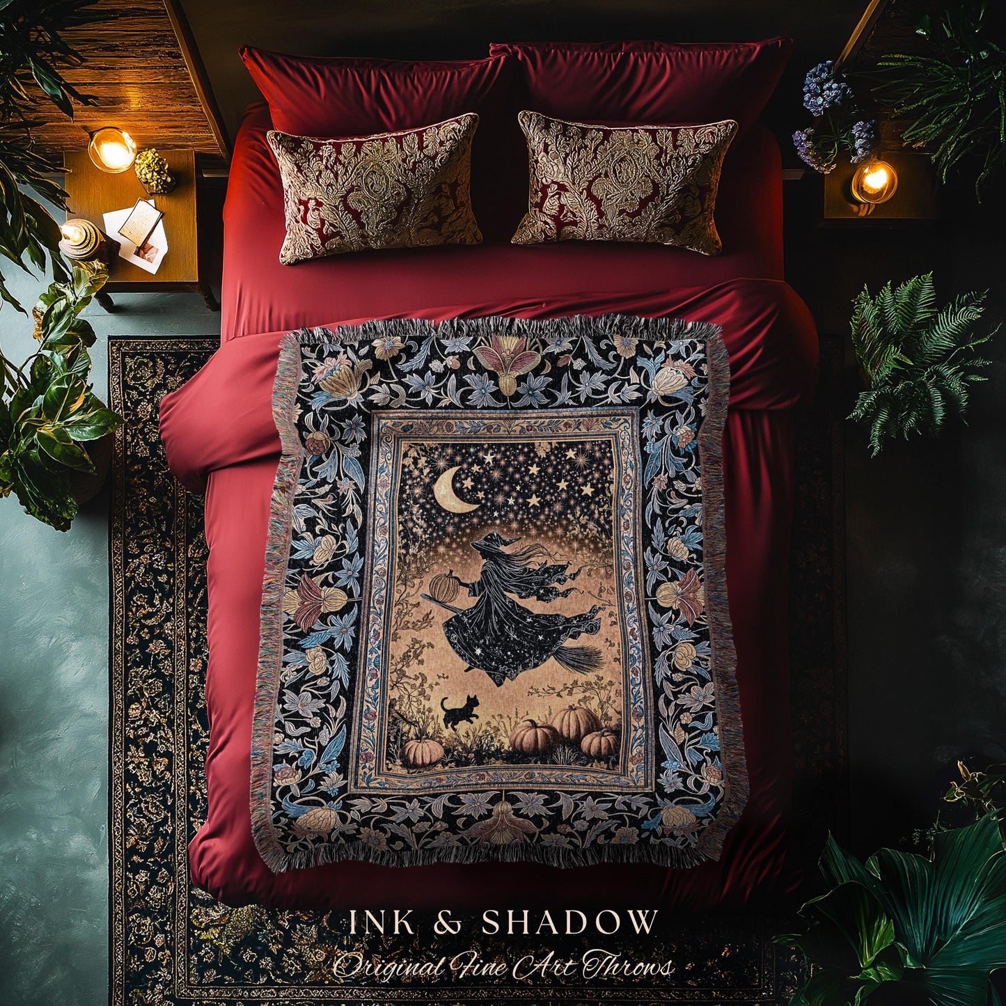 Autumn Golden Gothic Sky Tapestry | Celestial Black Cat Woven Throw Blanket Whimsigoth Decor Mystic Aesthetic Pumpkin Enchanted Magic Style