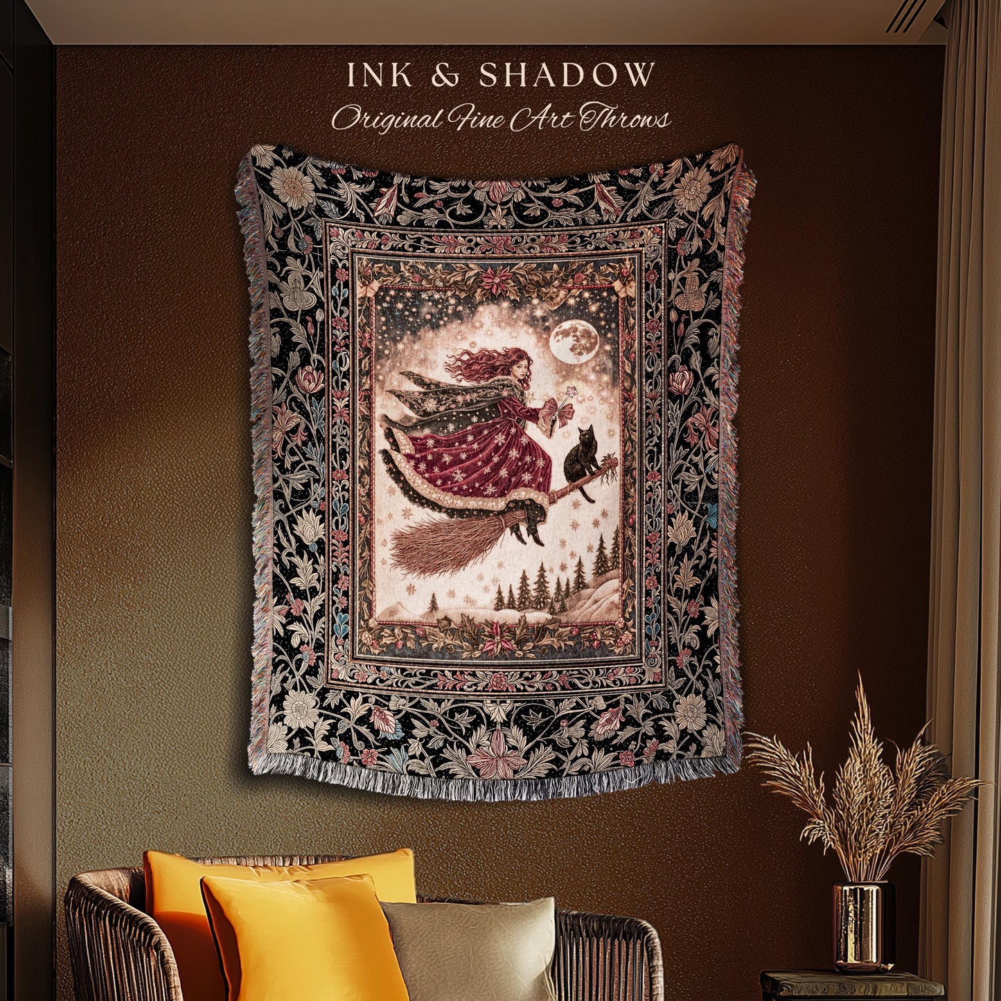 Mystical Black Cat Witch Tapestry | Fairytale Decor Gothic Cottagecore Broomstick Halloween Whimsy Gothic Maximalist Aesthetic Throw Rustic