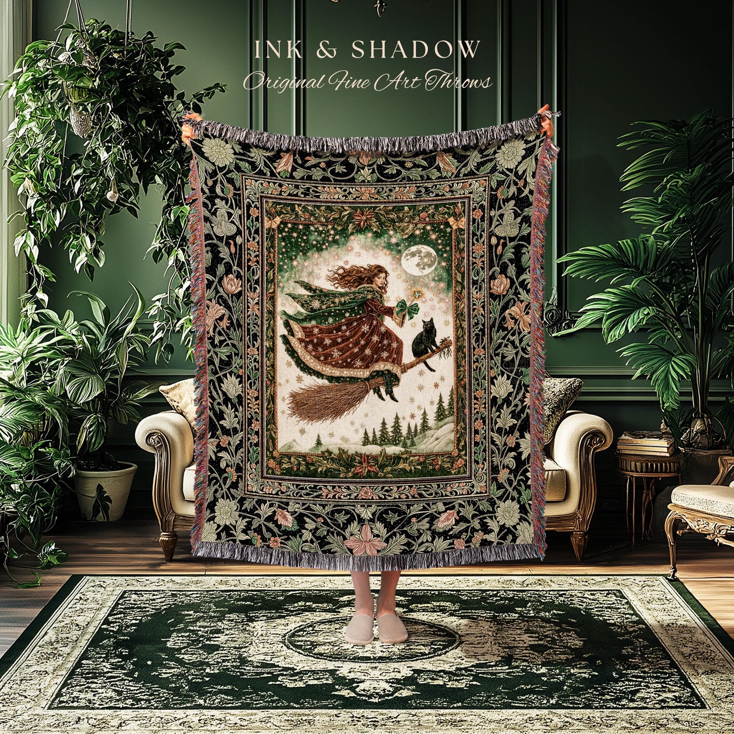 Holiday Witch Black Cat Blanket | Nostalgic Halloween Enchanted Cottagecore Decor Mystic Aesthetic Woven Wall Tapestry Gothic Elegance Throw