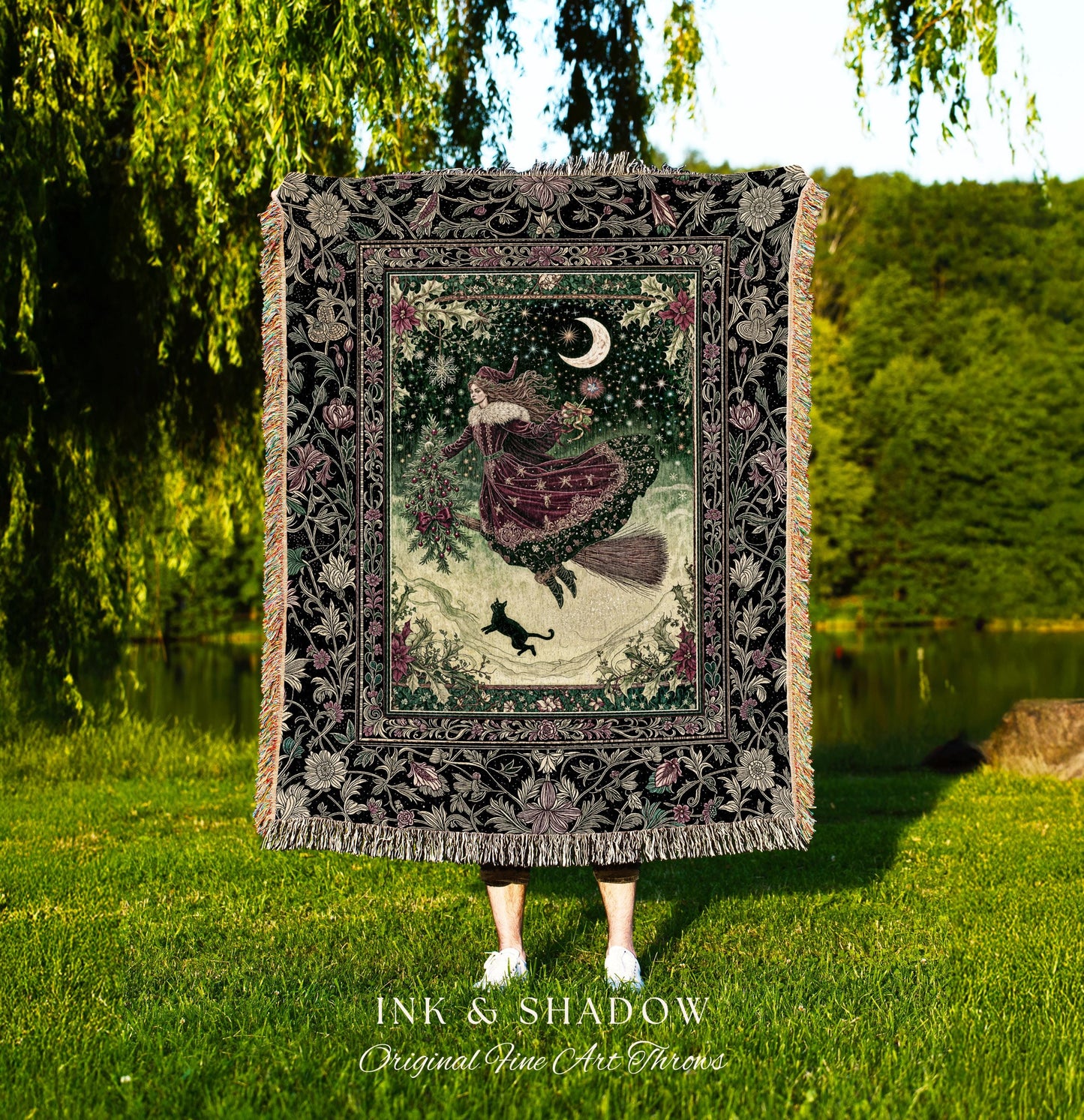 Snowy Magic Celestial Witch Blanket | Gothic Magic Black Cat Woven Tapestry Broomstick Ride Moon Stars Botanical Frame Mystical Folklore Art