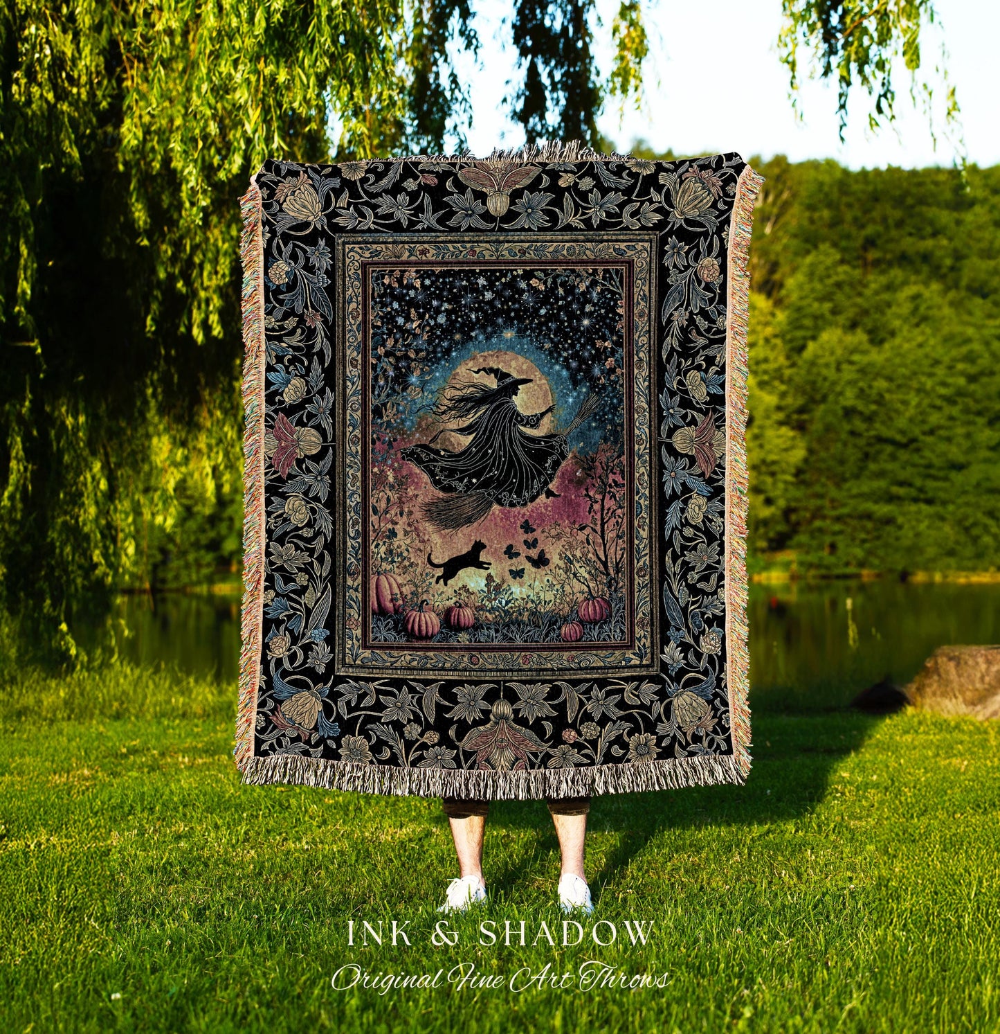 Starlit Storybook Witch Tapestry Blanket | Flying Broomstick Gothic Ethereal Aesthetic Broomstick Magic Celestial Whimsical Decor Enchanted