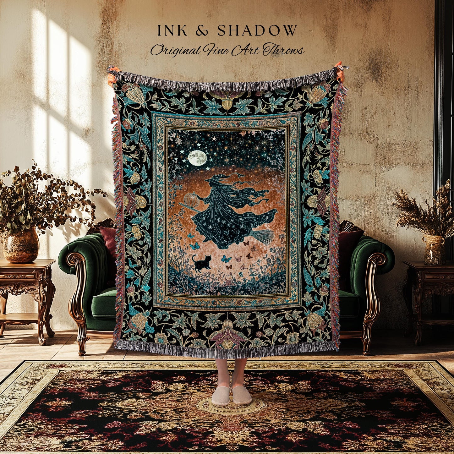 Autumn Aesthetic Witchy Tapestry Blanket | Fall Gothic Dark Cottagecore Decor Moonlight Magic Black Cat Whimsigoth Maximalist Halloween |