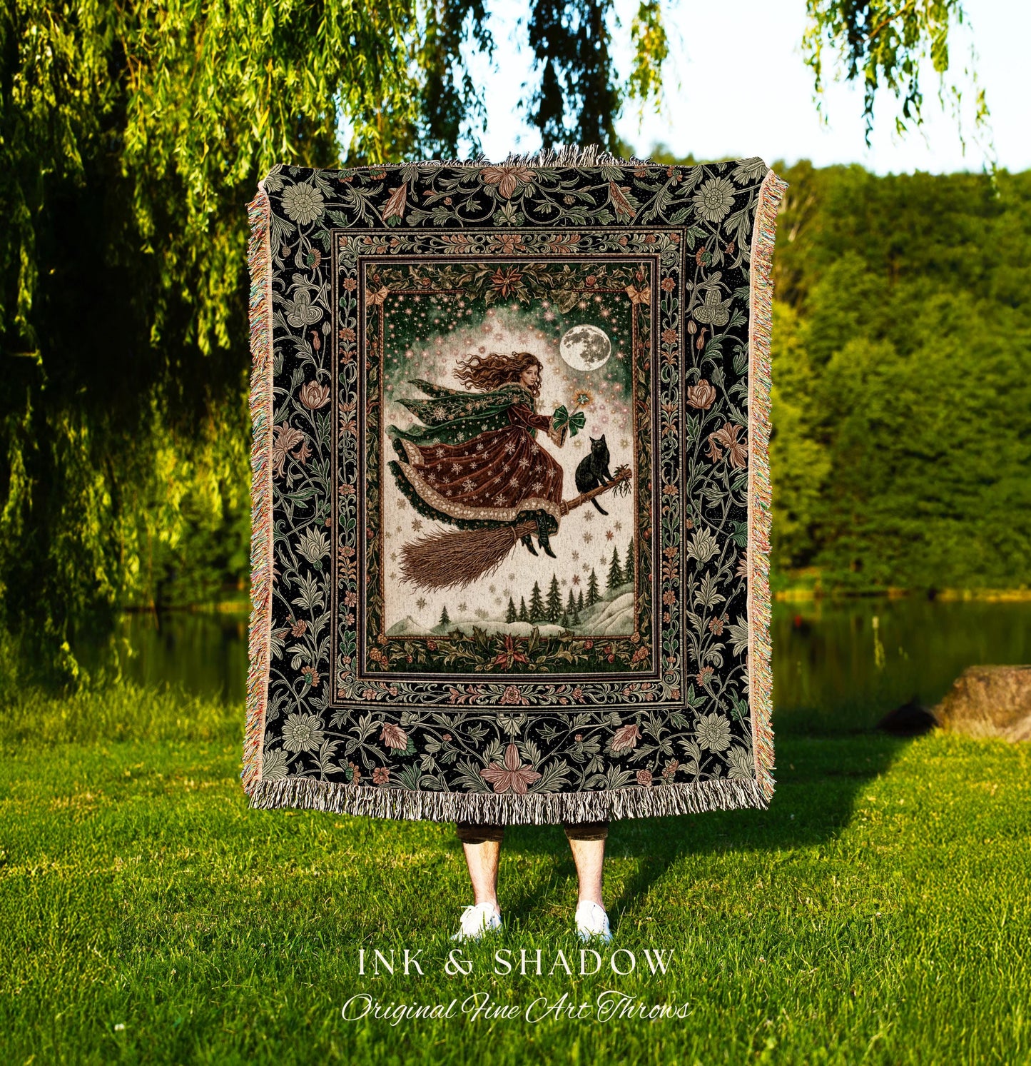 Holiday Witch Black Cat Blanket | Nostalgic Halloween Enchanted Cottagecore Decor Mystic Aesthetic Woven Wall Tapestry Gothic Elegance Throw