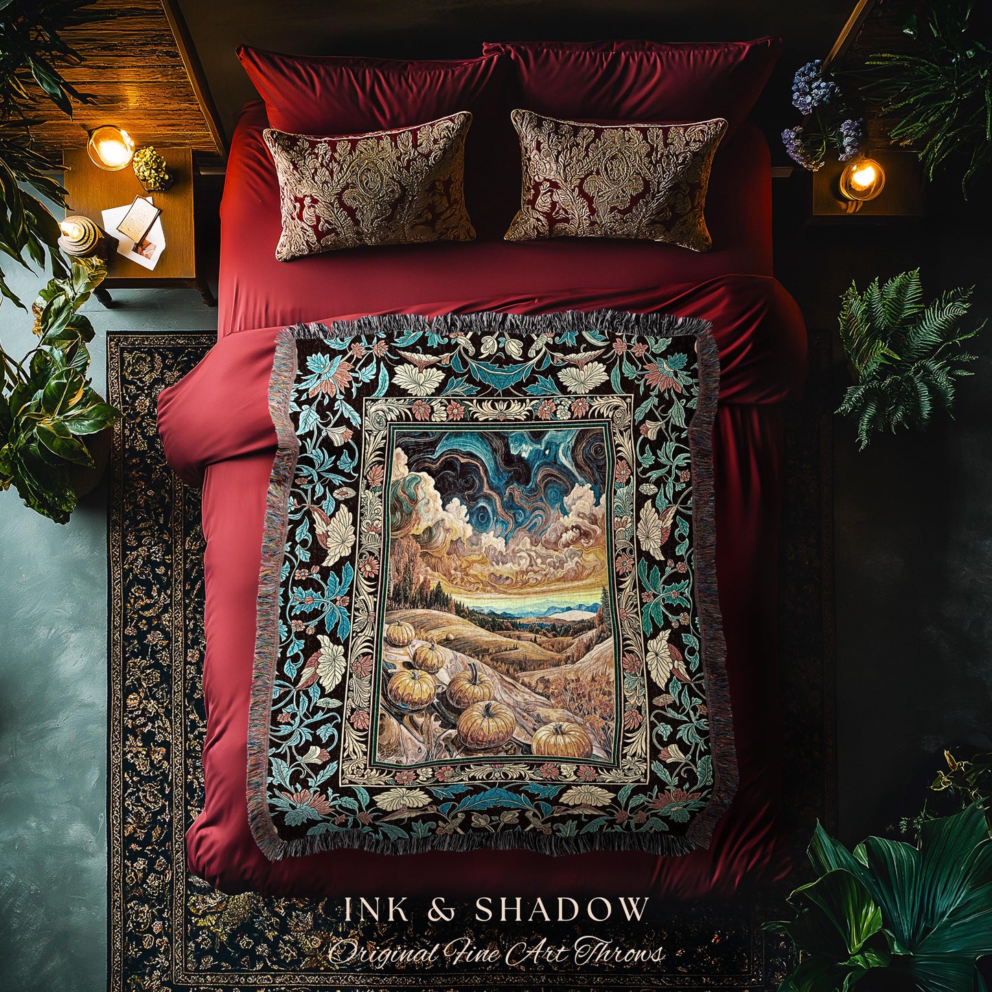 Whimsical Fall Pumpkin Night Sky Throw Blanket | Rustic Halloween Woven Tapestry Whimsigothic Autumn Decor Gothiccore Light Academia Vibes |