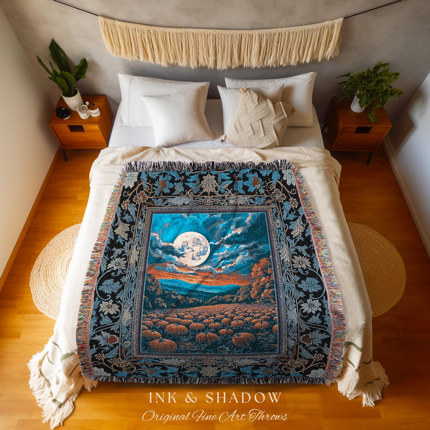 Mystic Full Moon Pumpkin Patch Woven Tapestry | Dark Royal Blue Whimsigoth Vintage Halloween Decor Rustic Elegant Academia Fall Home Accent