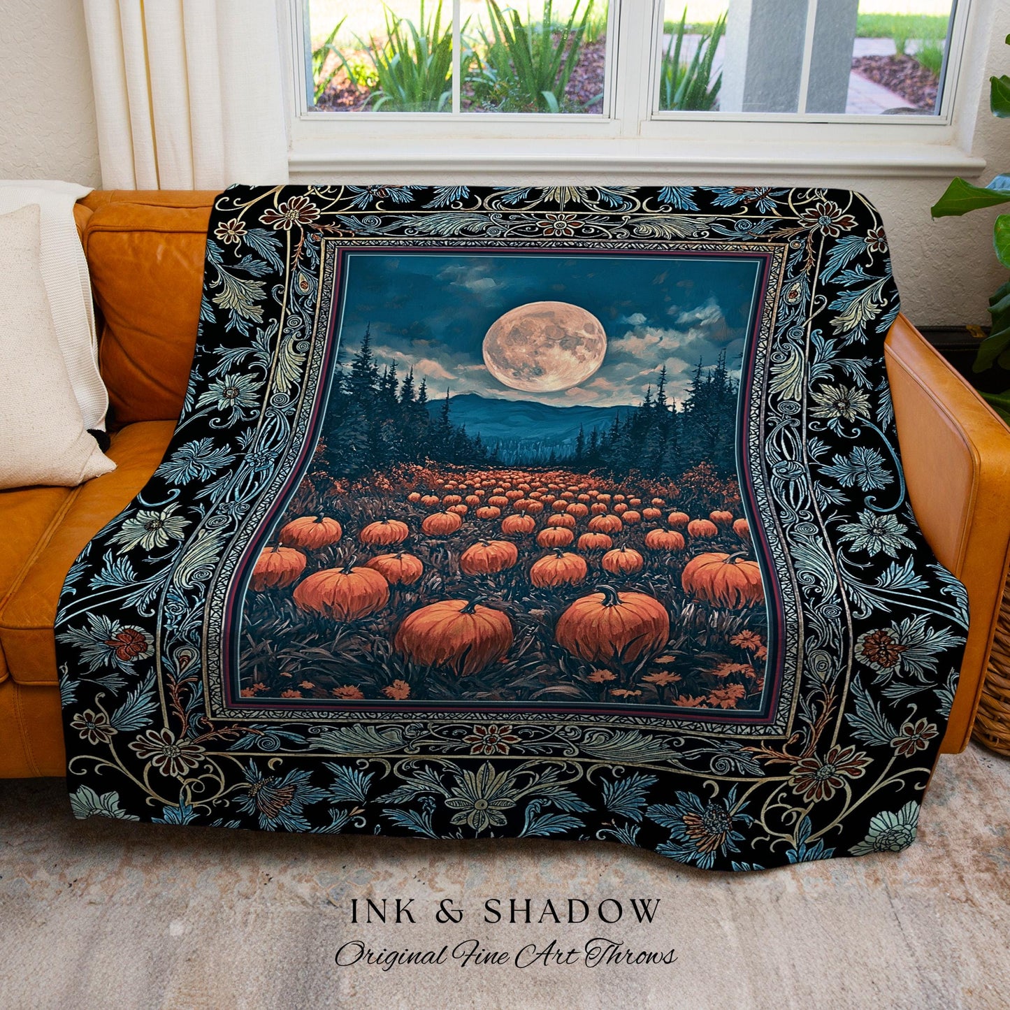 Moody Harvest Moon Woven Throw Blanket | Ethereal Moonlight Cottagecore Tapestry Cozy Autumn Aesthetic Whimsigoth Dark Academia Halloween |