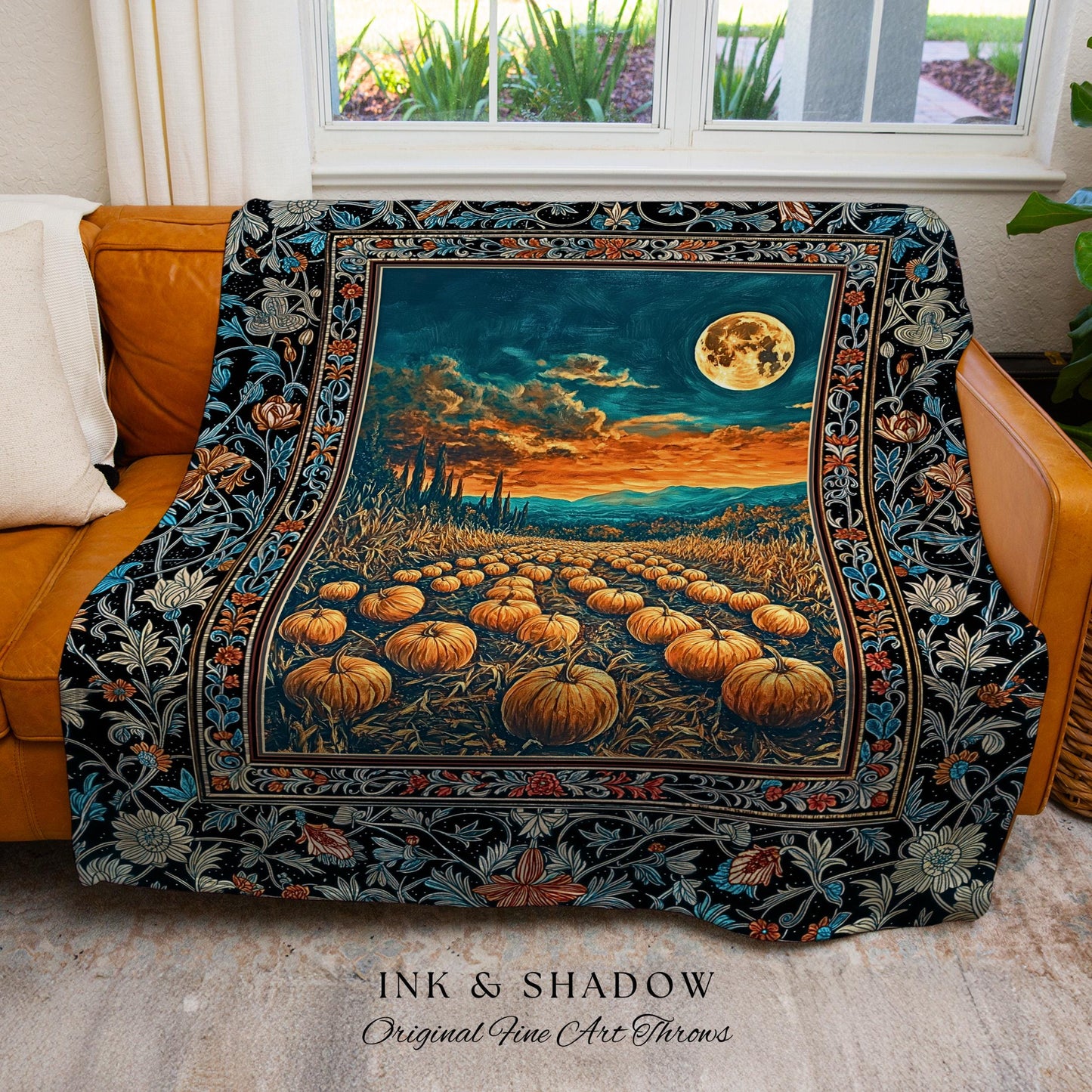 Romantic Fall Aesthetic Full Moon Cozy Throw Blanket | Rustic Pumpkin Decor Whimsigoth Spooky Academia Vibes Retro Halloween Woven Tapestry