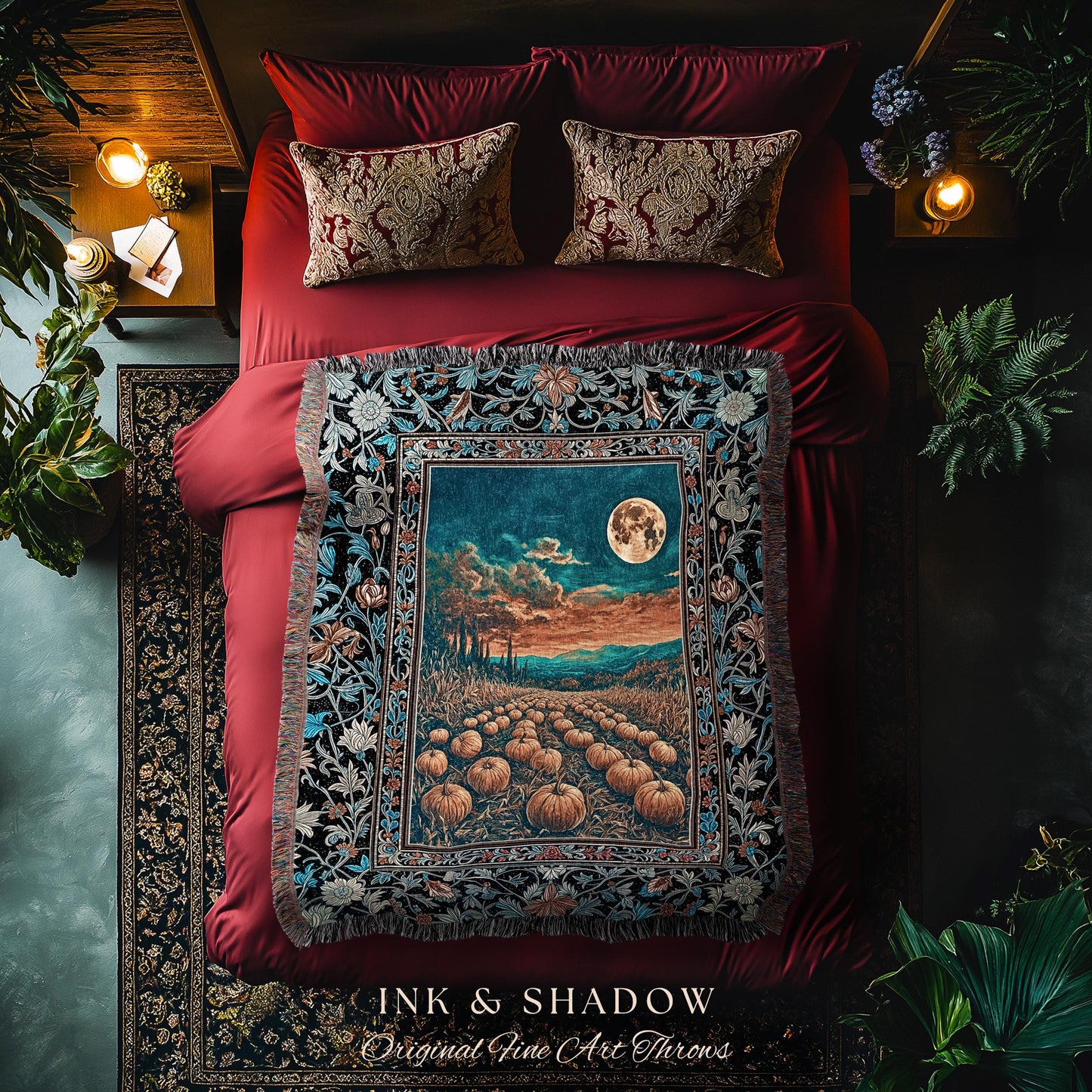Romantic Fall Aesthetic Full Moon Cozy Throw Blanket | Rustic Pumpkin Decor Whimsigoth Spooky Academia Vibes Retro Halloween Woven Tapestry