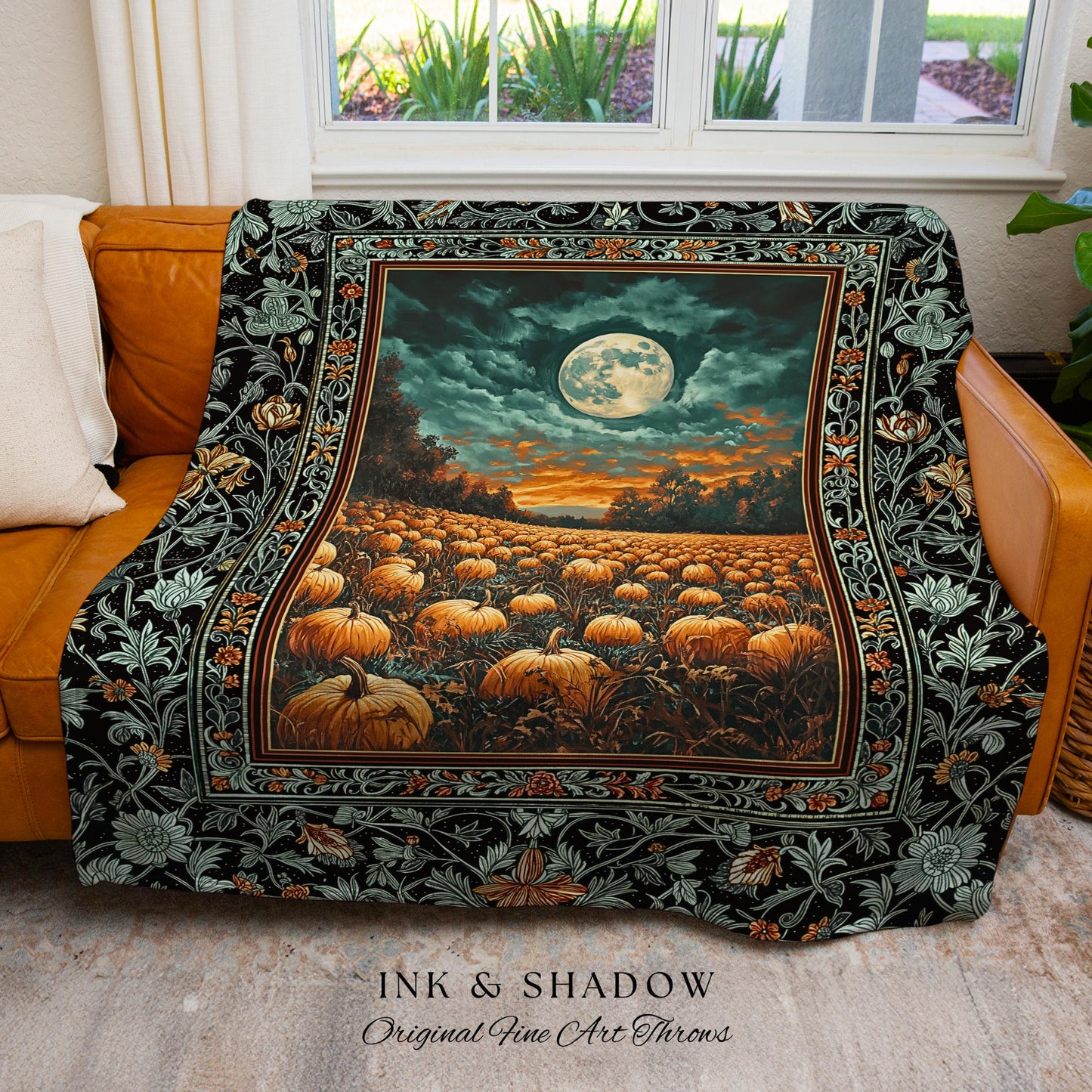 Retro Halloween Harvest Blanket | Full Moon Gothic Woven Wall Tapestry Whimsigoth Cozy Autumn Vibes Pumpkin Halloween Rustic Decor Witchy |