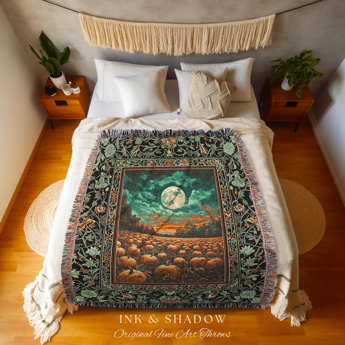Retro Halloween Harvest Blanket | Full Moon Gothic Woven Wall Tapestry Whimsigoth Cozy Autumn Vibes Pumpkin Halloween Rustic Decor Witchy |
