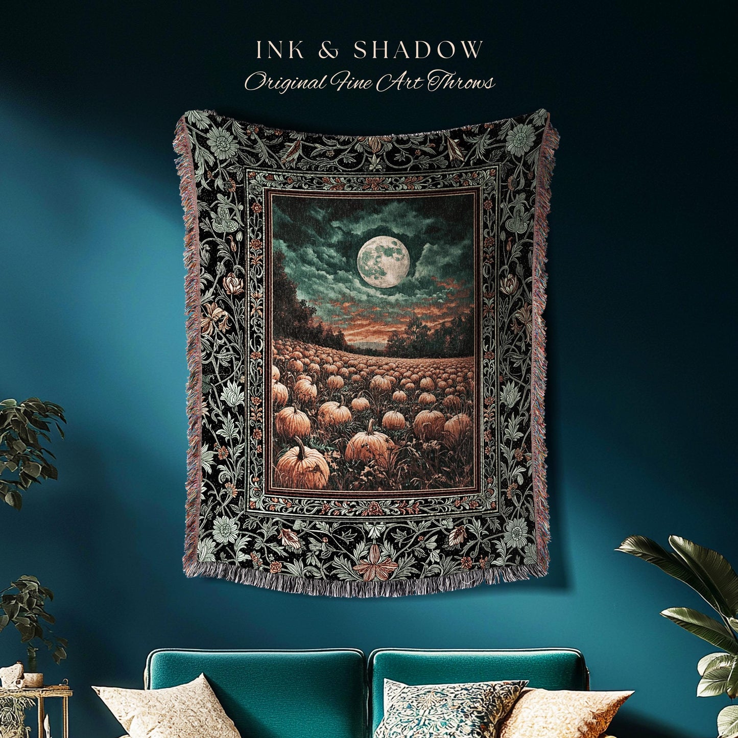 Retro Halloween Harvest Blanket | Full Moon Gothic Woven Wall Tapestry Whimsigoth Cozy Autumn Vibes Pumpkin Halloween Rustic Decor Witchy |