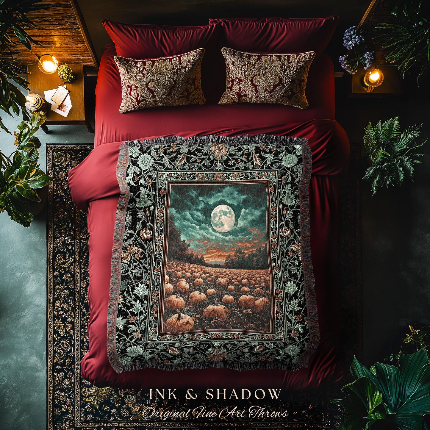 Retro Halloween Harvest Blanket | Full Moon Gothic Woven Wall Tapestry Whimsigoth Cozy Autumn Vibes Pumpkin Halloween Rustic Decor Witchy |