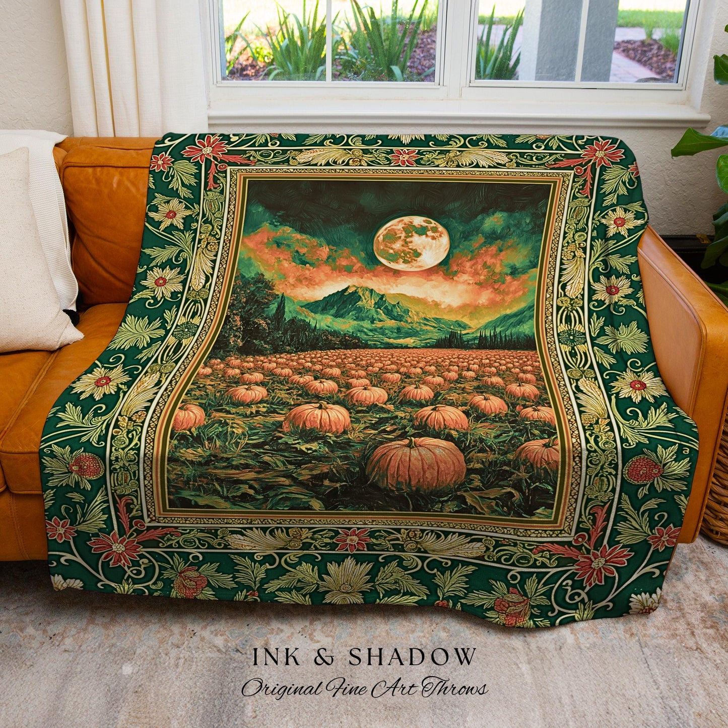 Magic Aesthetic Full Moon Woven Throw | Whimsical Autumn Aesthetic Crowcore Pumpkin Tapestry Rustic Halloween Fall Gothic Witchy Academia
