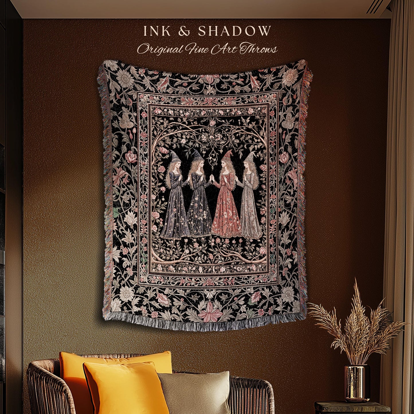 Enchanted Maidens Rustic Woven Tapestry | Mystical Folklore Floral Gothic Art Nouveau Throw Blanket Ethereal Coven Magic Dark Boho Aesthetic