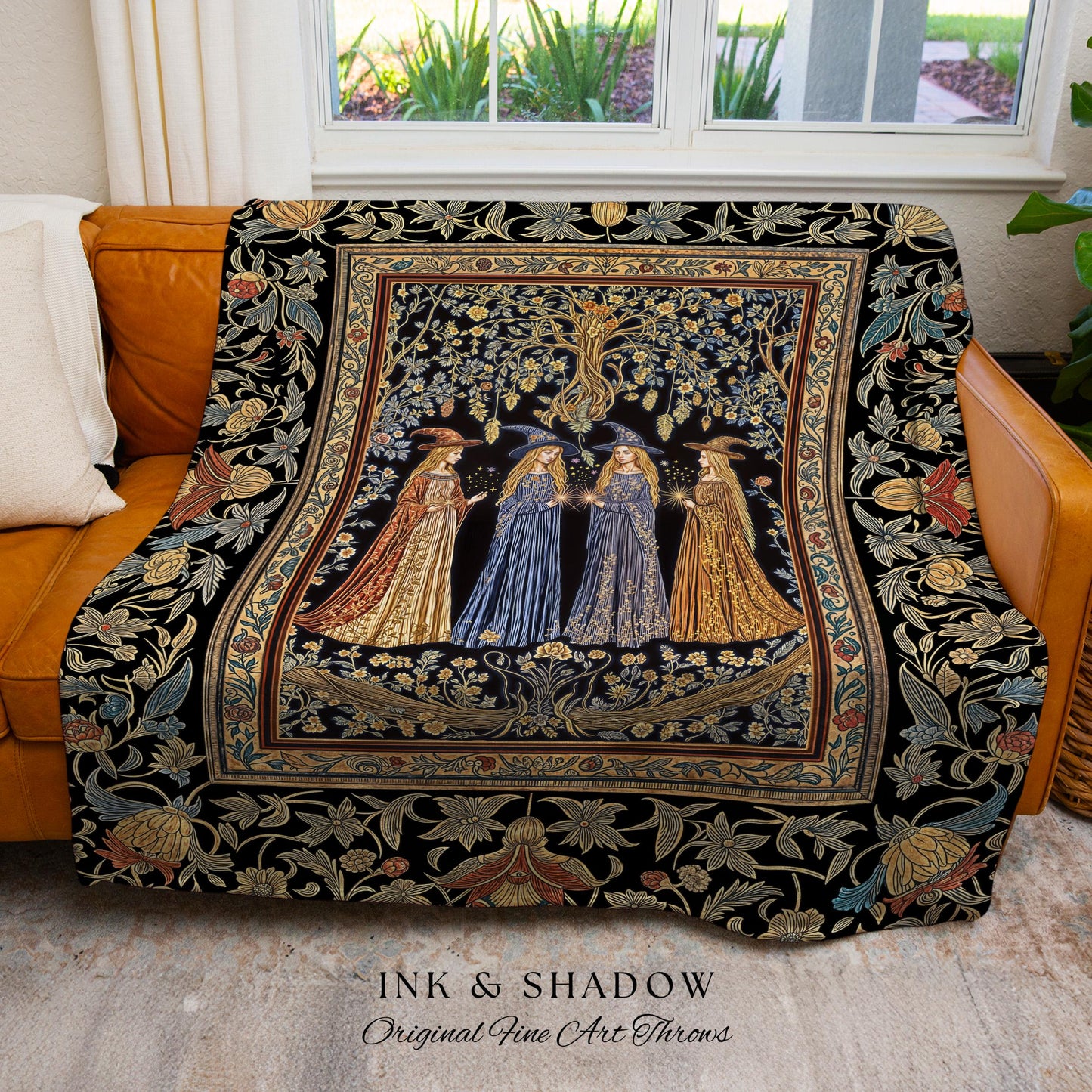 Celestial Witches Gothic Woven Wall Tapestry | Dreamy Maiden Forest Enchantment Floral Magic Coven Throw Blanket Folk Tale Sisterhood Art |