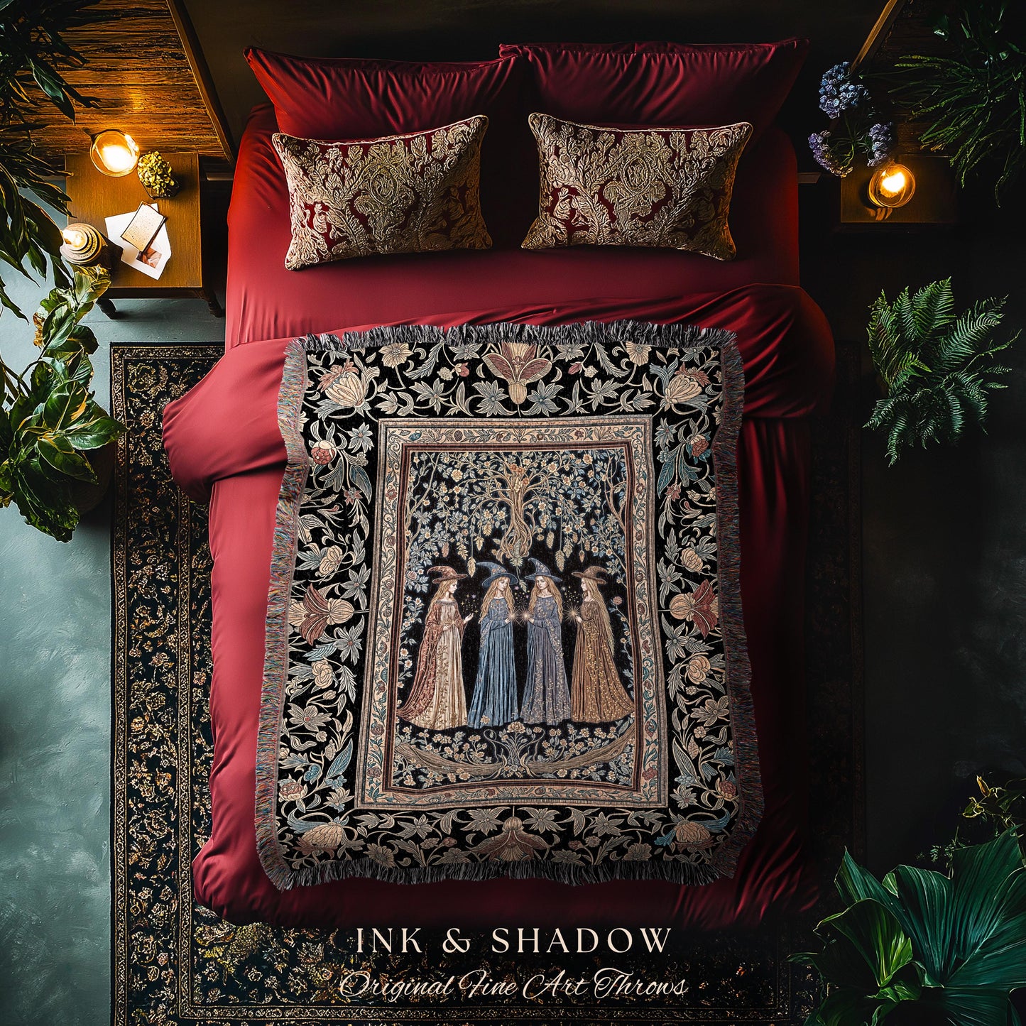 Celestial Witches Gothic Woven Wall Tapestry | Dreamy Maiden Forest Enchantment Floral Magic Coven Throw Blanket Folk Tale Sisterhood Art |