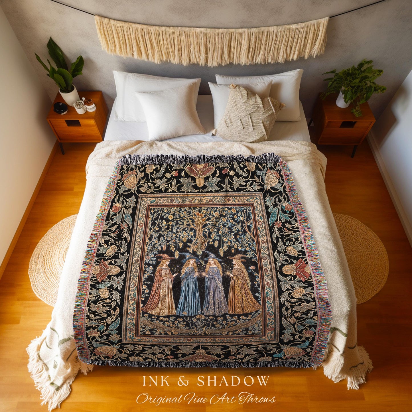 Celestial Witches Gothic Woven Wall Tapestry | Dreamy Maiden Forest Enchantment Floral Magic Coven Throw Blanket Folk Tale Sisterhood Art |