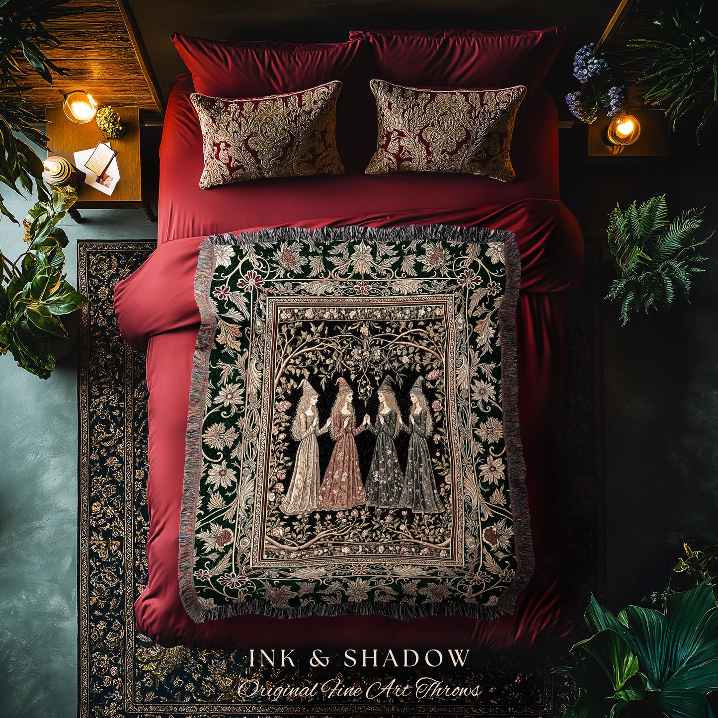 Mystical Sisterhood Floral Throw Blanket | Witchy Aesthetic Baroque Forest Whimsigoth Fantasy Ethereal Woven Wall Tapestry Dark Academia Art
