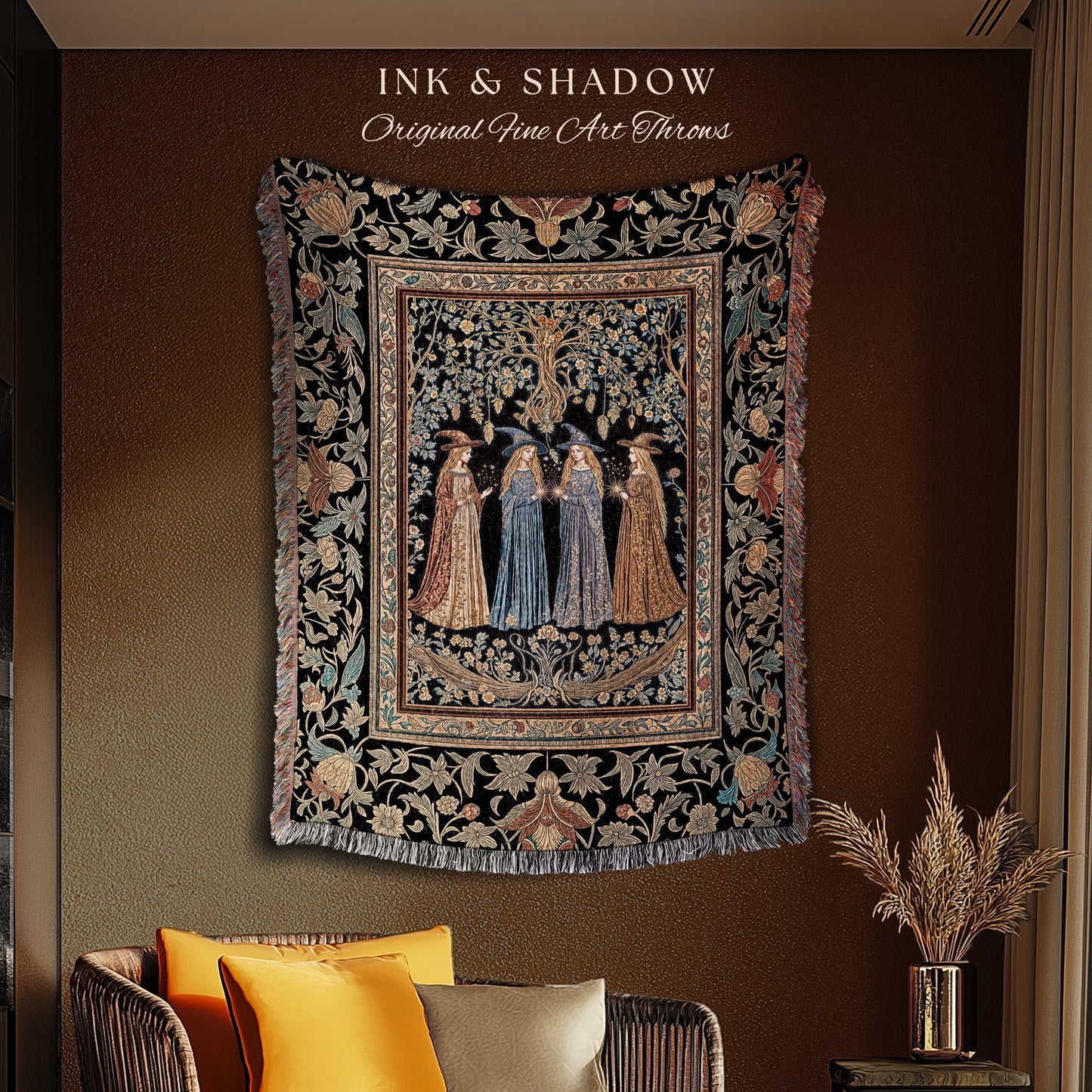 Celestial Witches Gothic Woven Wall Tapestry | Dreamy Maiden Forest Enchantment Floral Magic Coven Throw Blanket Folk Tale Sisterhood Art |