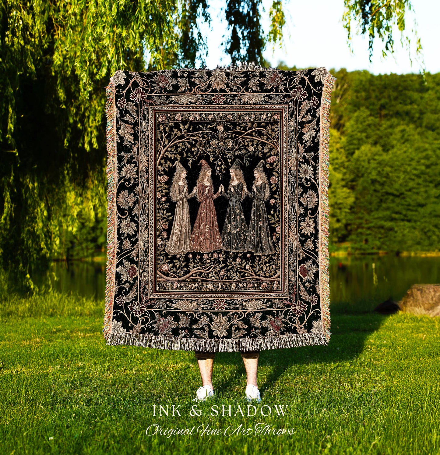 Mystical Sisterhood Floral Throw Blanket | Witchy Aesthetic Baroque Forest Whimsigoth Fantasy Ethereal Woven Wall Tapestry Dark Academia Art
