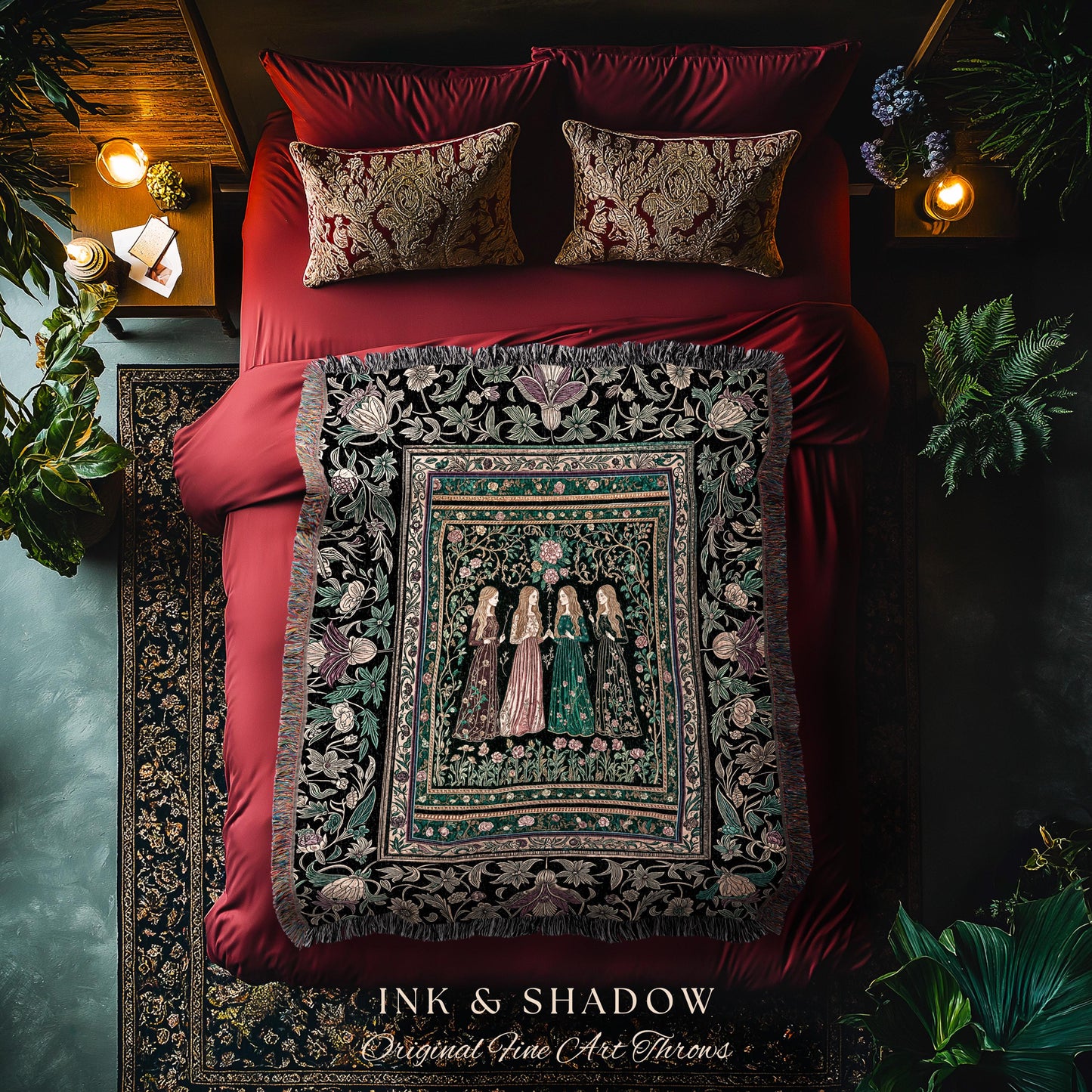 Victorian Witch Sisters Throw Blanket | Enchanted Folklore Gothic Floral Forest Tapestry Celestial Art Nouveau Magic Aesthetic Whimsical |