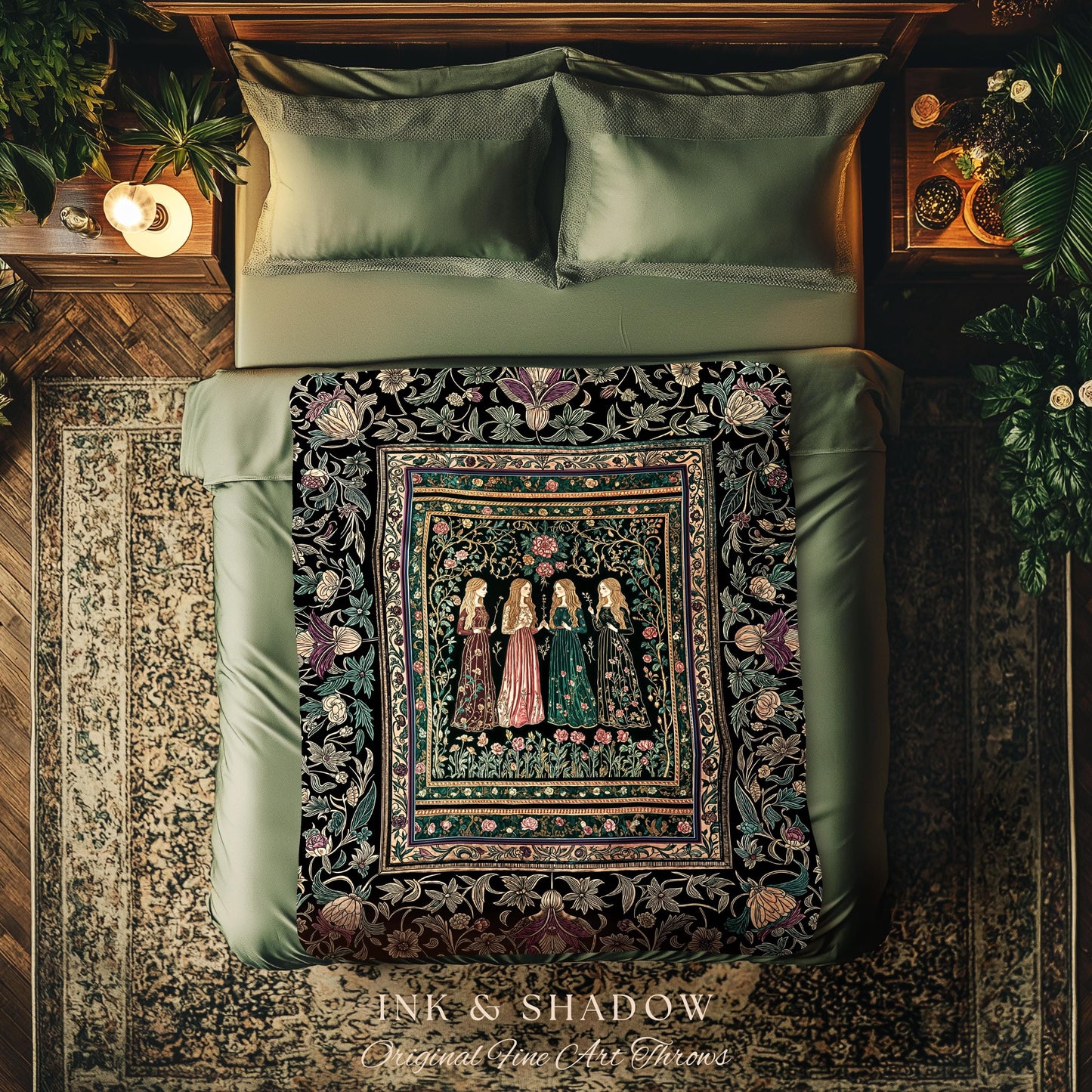 Victorian Witch Sisters Throw Blanket | Enchanted Folklore Gothic Floral Forest Tapestry Celestial Art Nouveau Magic Aesthetic Whimsical |