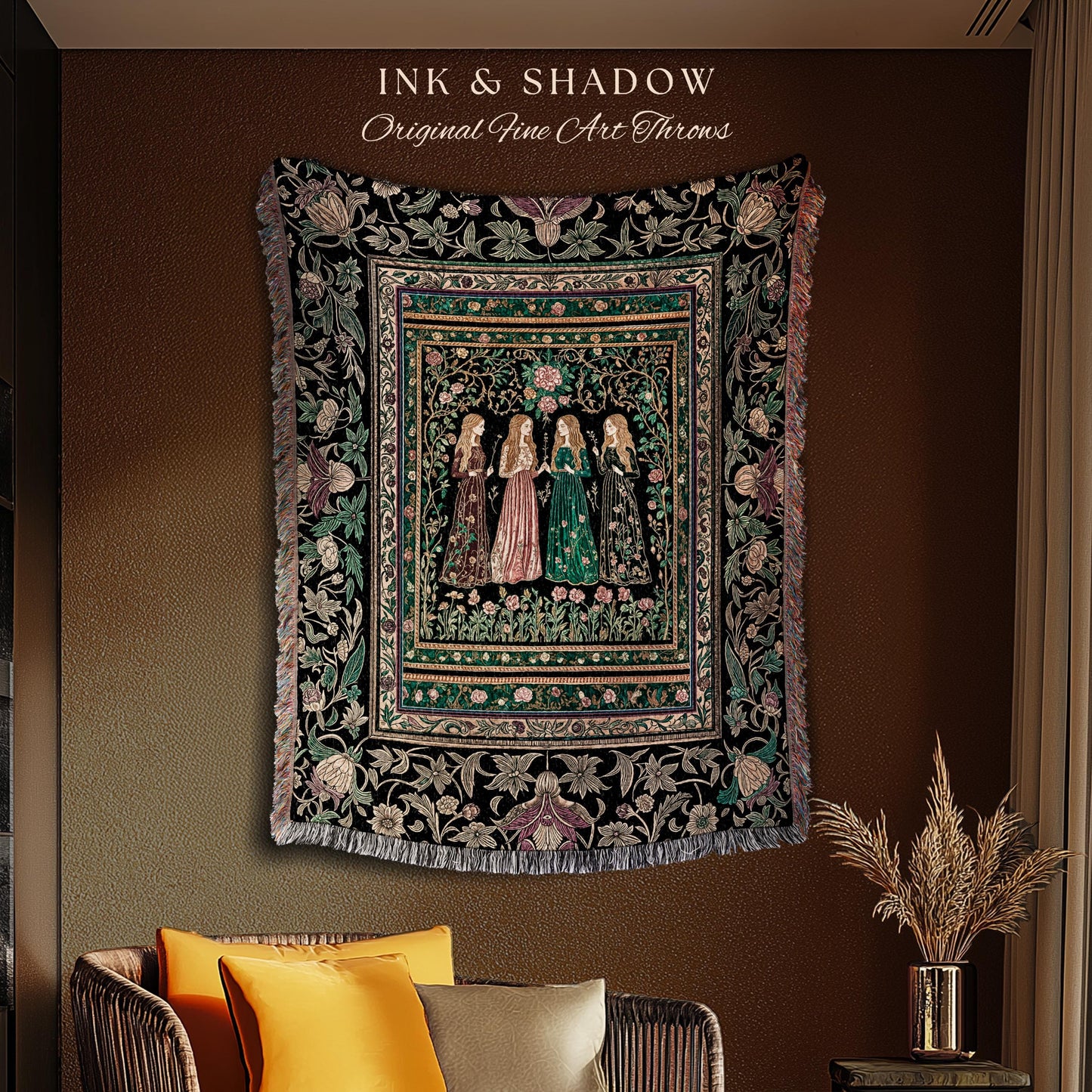 Victorian Witch Sisters Throw Blanket | Enchanted Folklore Gothic Floral Forest Tapestry Celestial Art Nouveau Magic Aesthetic Whimsical |