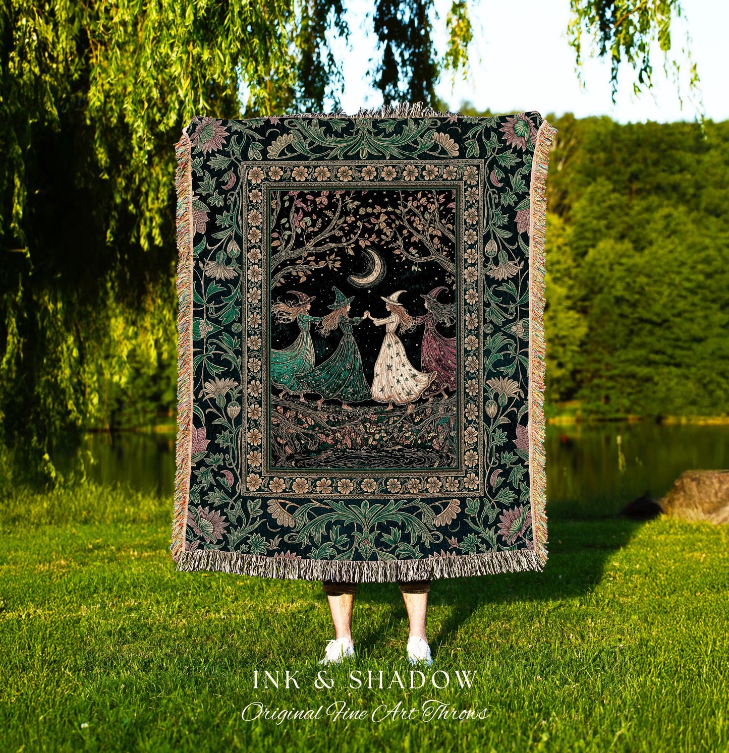 Whimsical Witch Sisterhood Throw Blanket | Dreamy Sisterhood Forest Baroque Floral Gothic Decor Mystic Boho Sorceress Woodland Wall Tapestry