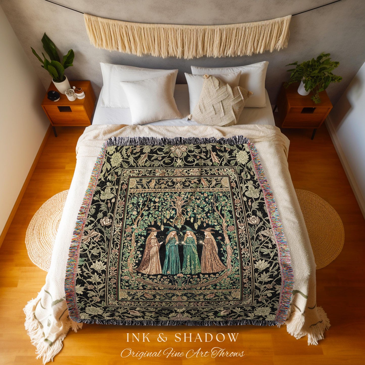 Magic Garden Witches Cozy Throw Blanket | Gothic Enchanted Botanical Forest Blanket Floral Maiden Dreamy Arcane Aesthetic Wiccan Boho Style