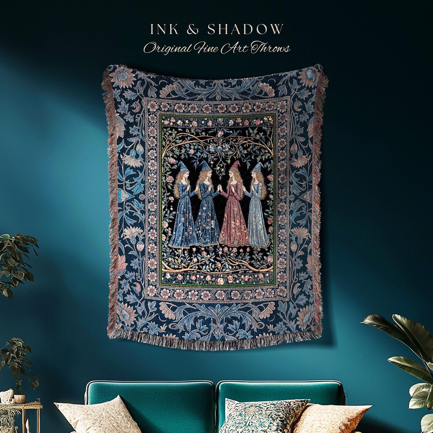 Medieval Coven Celestial Tapestry Blanket | Moody Aesthetic Witches Enchanted Art Nouveau Gothic Ethereal Folklore Woven Throw Ornate Magic