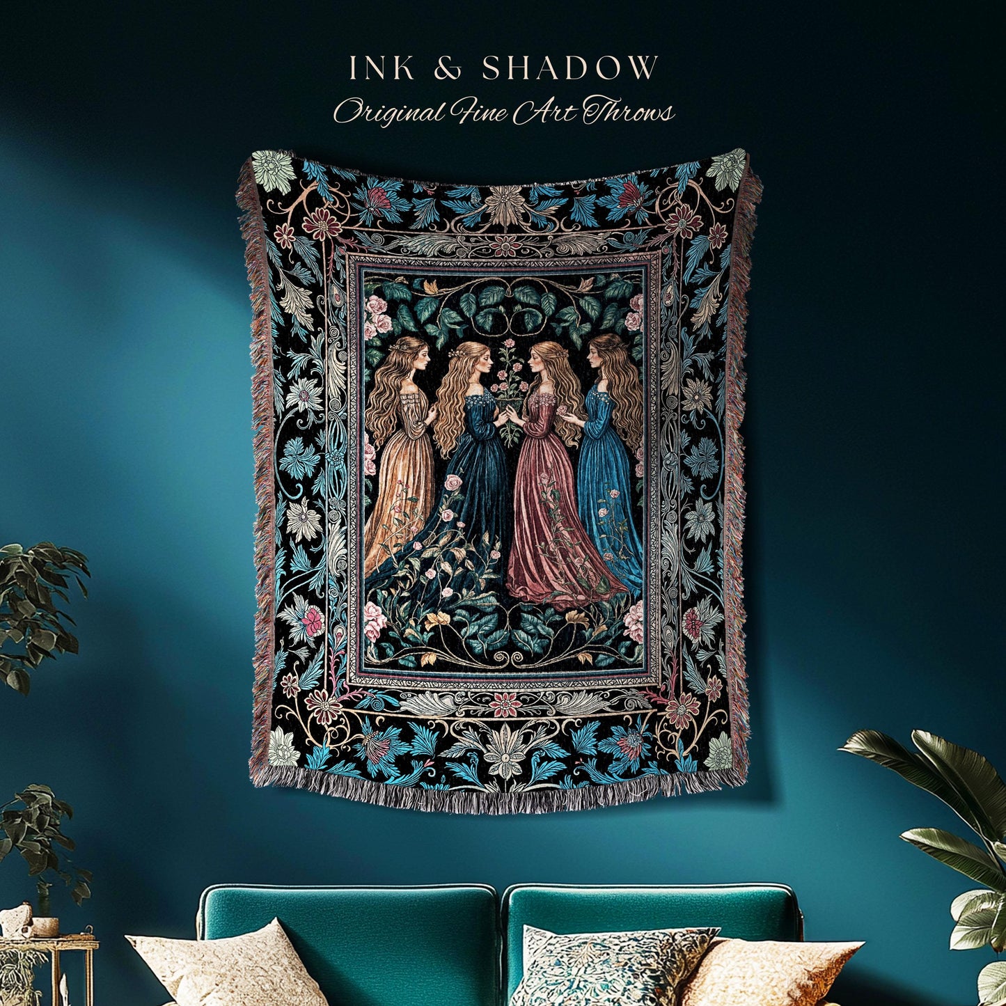 Wiccan Witchcraft Moody Tapestry Blanket | Whimsigothic Dark Fairytale Gothic Renaissance Botanical Magic Medieval Woven Throw Witchcraft |