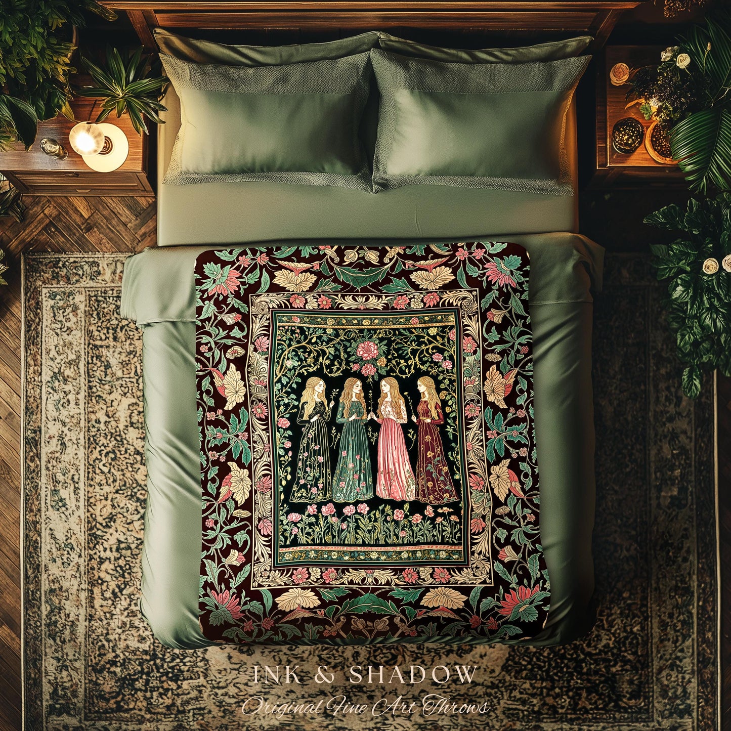 Renaissance Witch Coven Throw Blanket | Whimsical Folklore Enchanted Floral Woven Wall Tapestry Spellbound Gothic Art Mystic Fairytale Decor