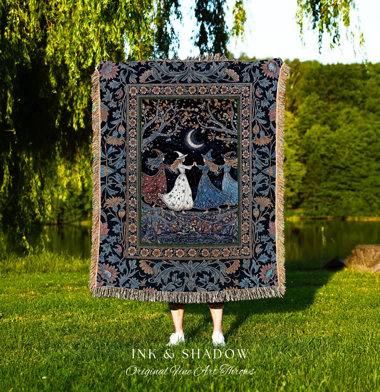 Moonlit Magic Witches Tapestry Blanket | Medieval Fairytale Floral Enchanted Witchcore Baroque Dark Folk Art Home Decor Occult Boho Throw |