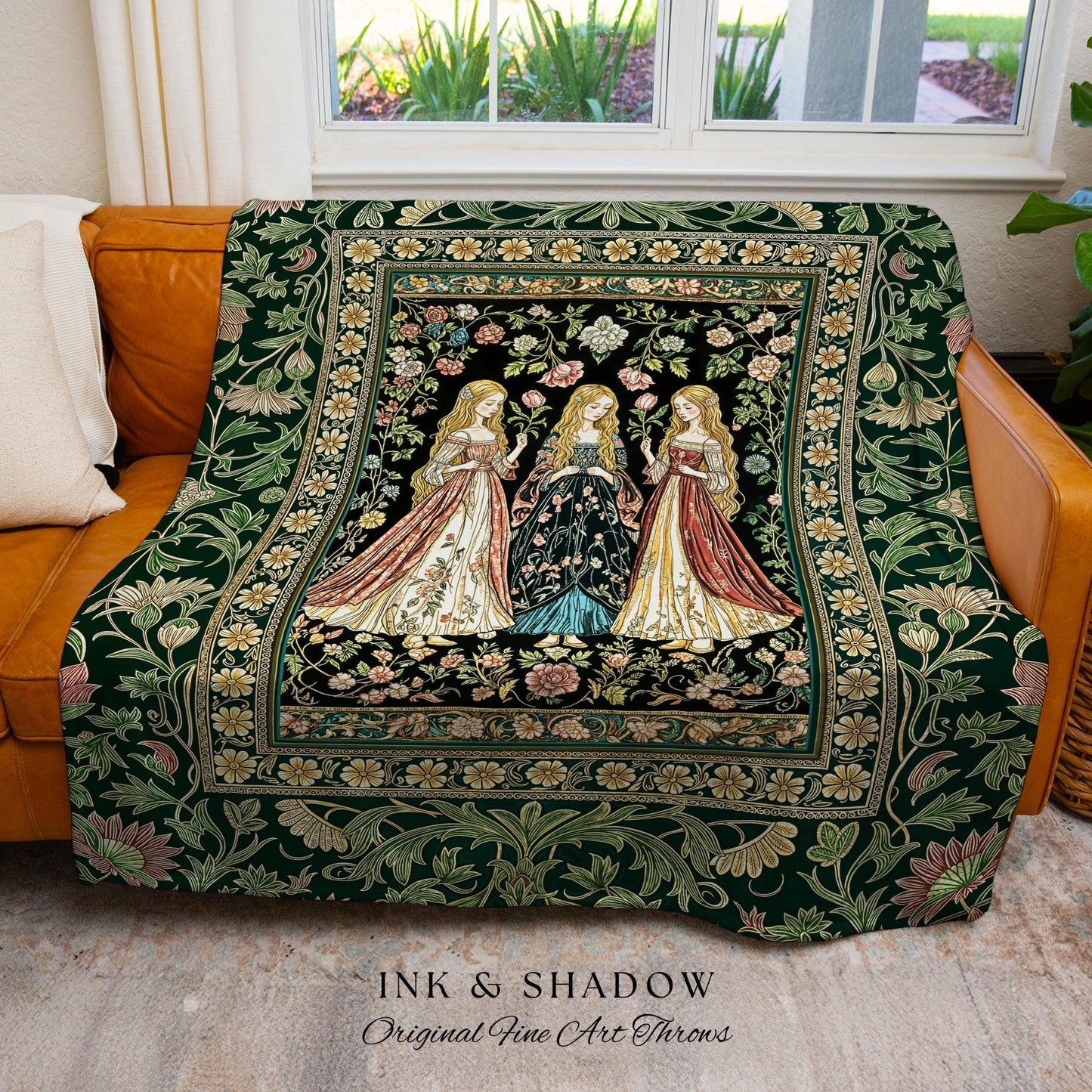Coven Sisterhood Mystic Woven Blanket | Witchcore Medieval Folklore Enchanted Botanical Wall Tapestry Celestial Folklore Wiccan Aesthetic |